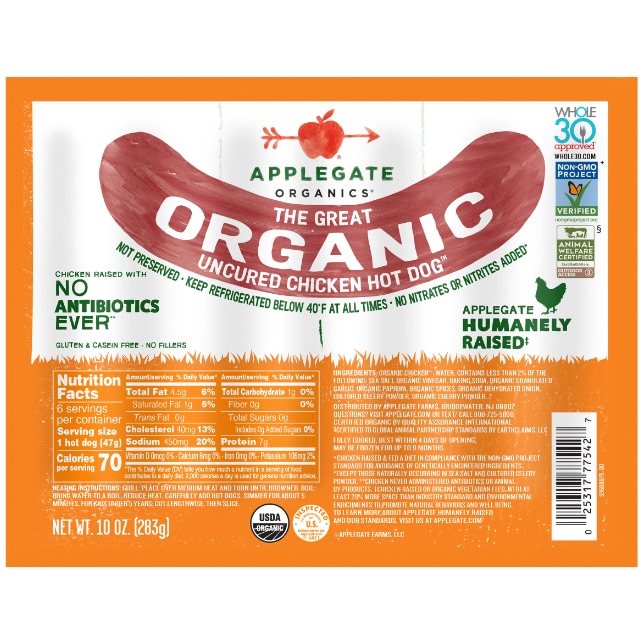 Applegate The Great Organic Uncured Chicken Hot Dogs