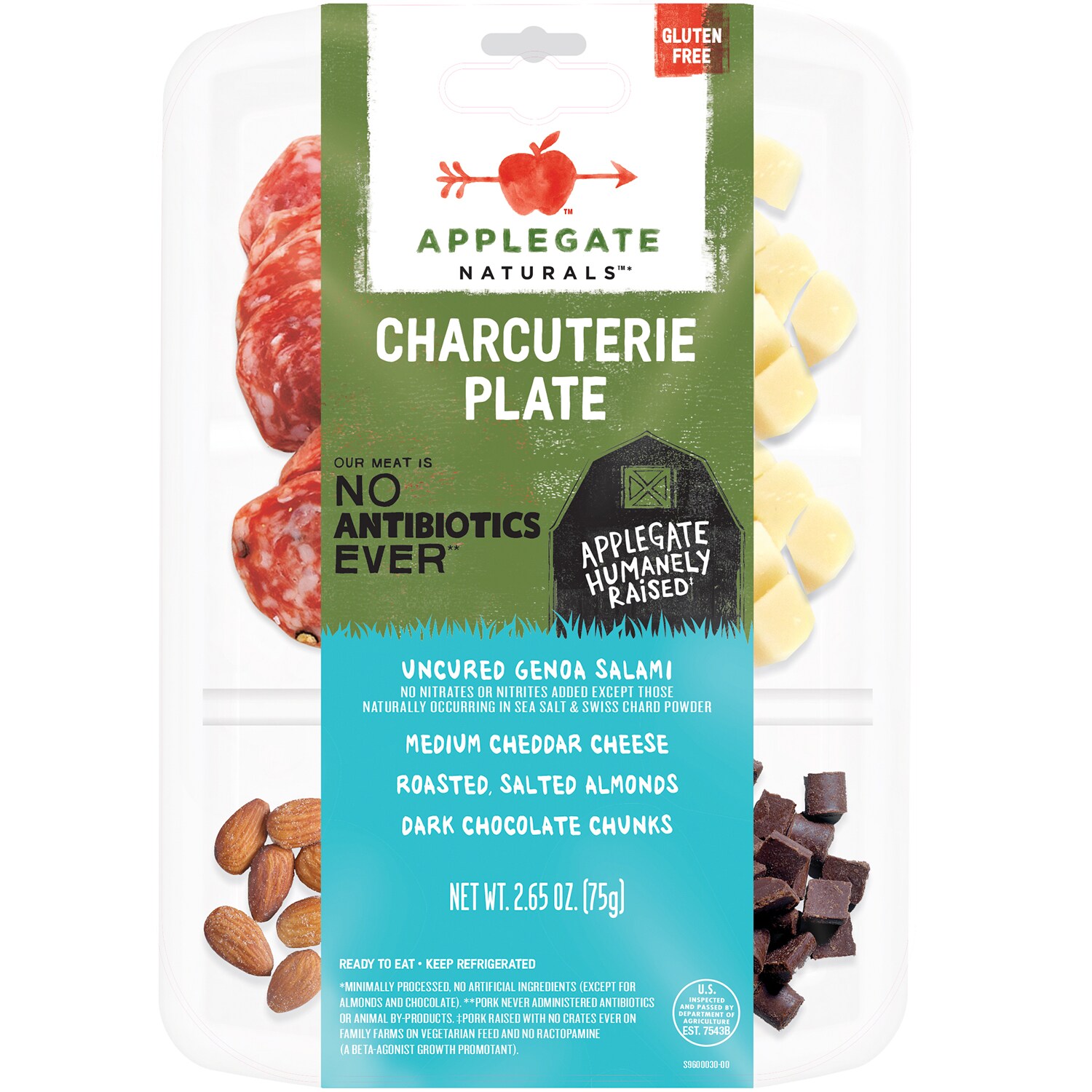 Applegate Naturals Charcuterie Plate, Genoa, Cheddar, Almonds & Dark Chocolate