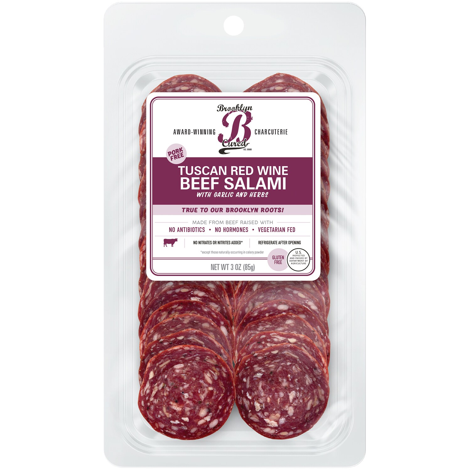 Brooklyn Cured Tuscan Red Wine Beef Salami with Garlic and Herbs, Pre-Sliced