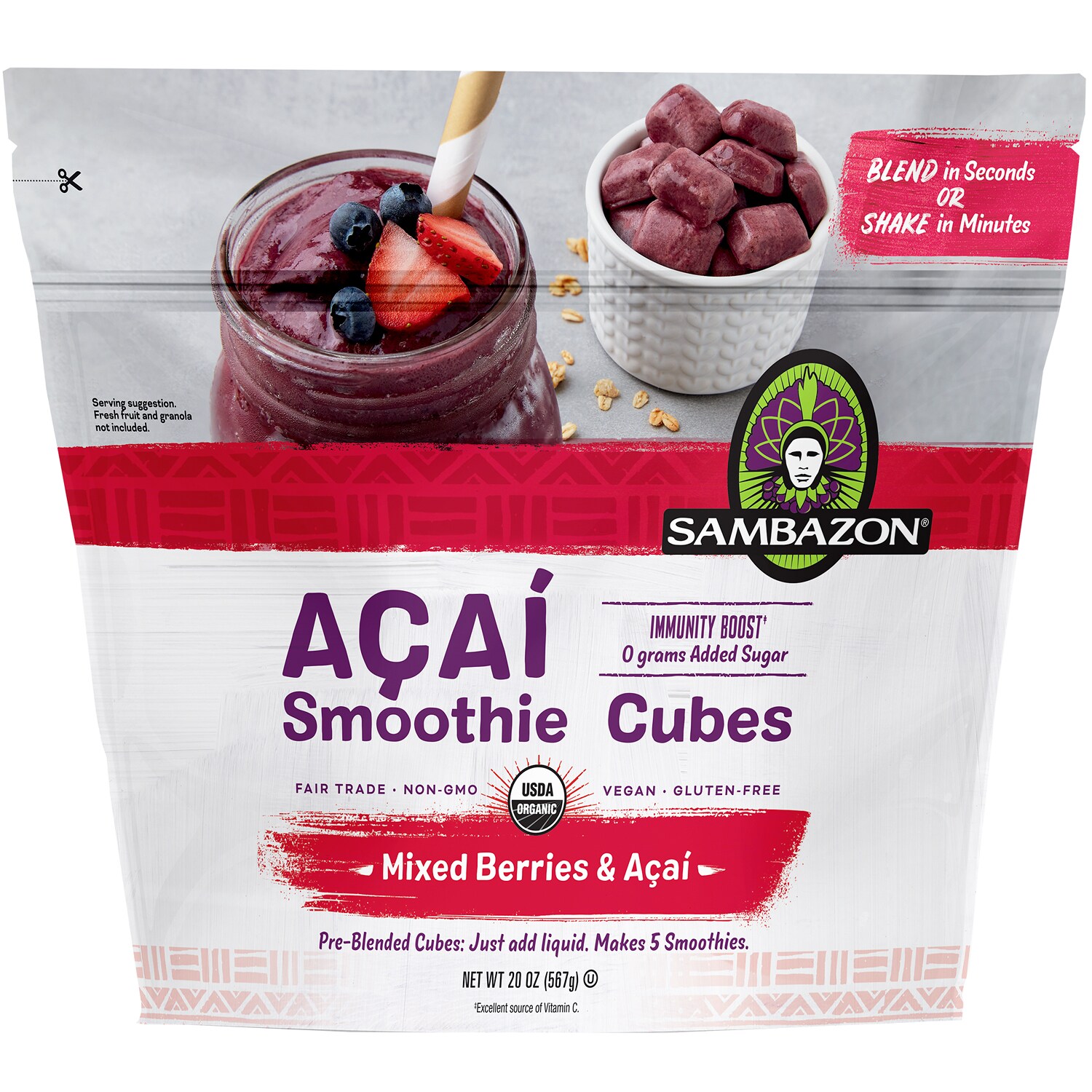Sambazon Organic Açai Smoothie Cubes, Mixed Berry & Açai, Frozen
