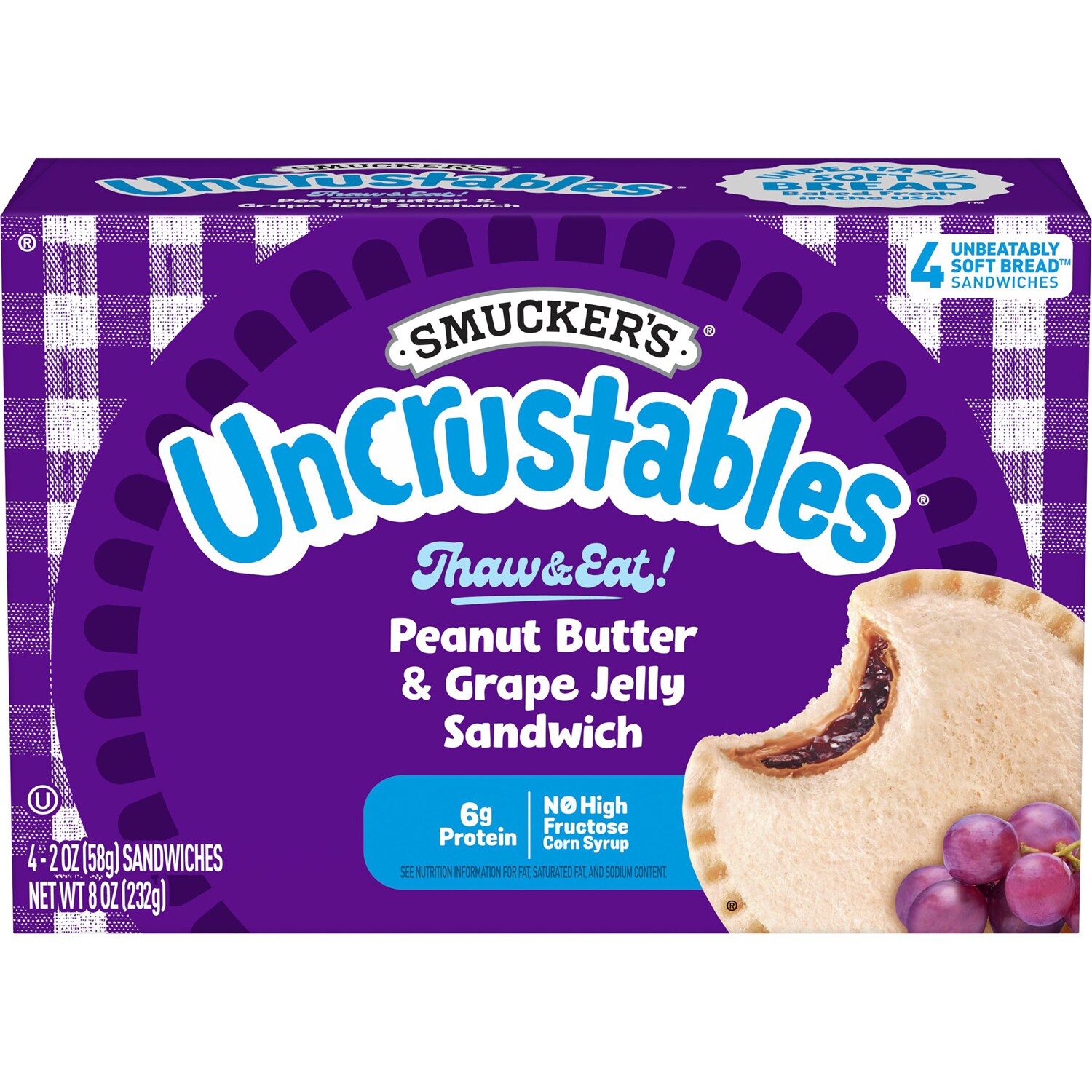 Smucker's Uncrustables Sandwiches, Peanut Butter & Grape Jelly, Frozen
