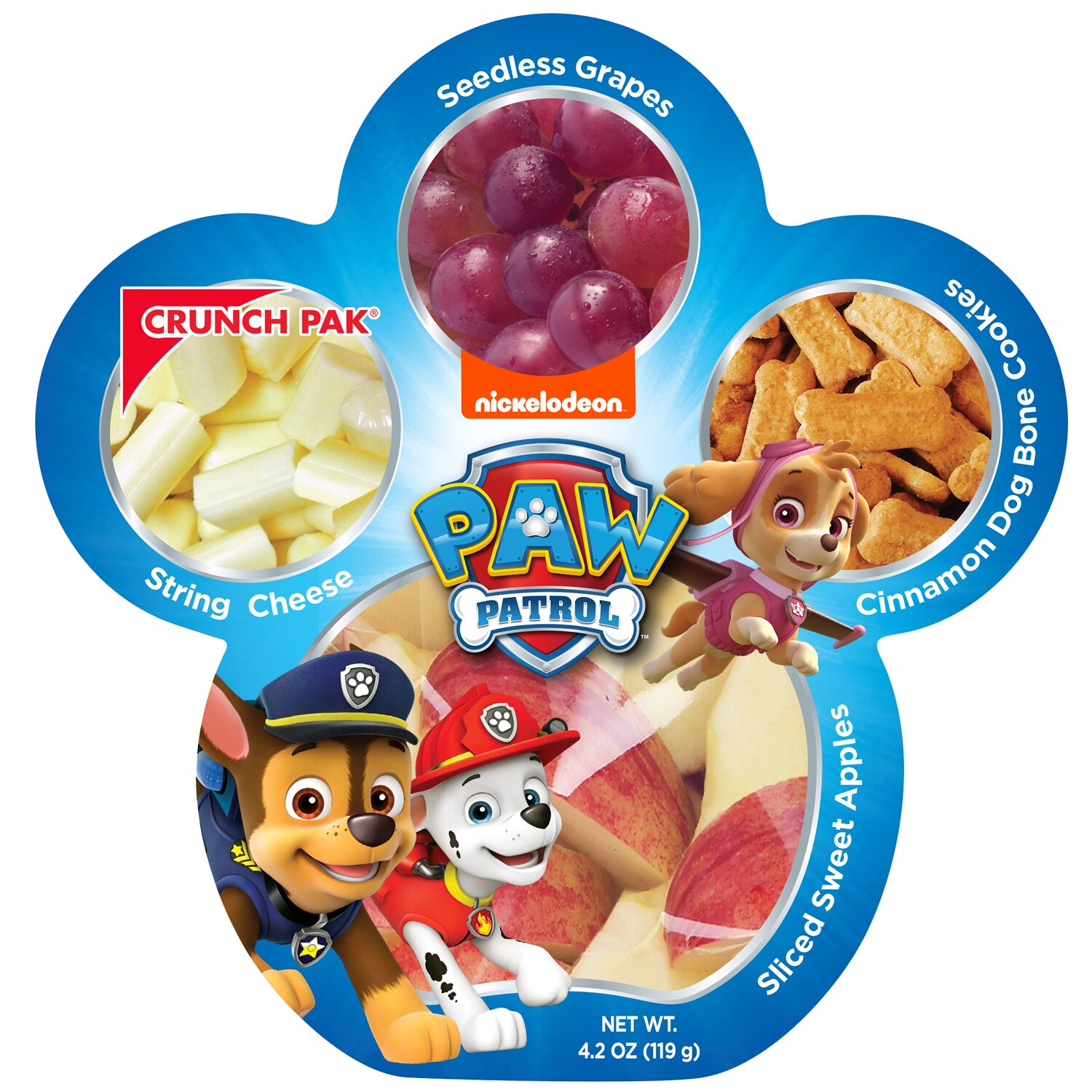 Crunch Pak Nickelodeon PAW Patrol, Sliced Sweet Apples, String Cheese, Seedless Grapes & Cinnamon Dog Bone Cookies