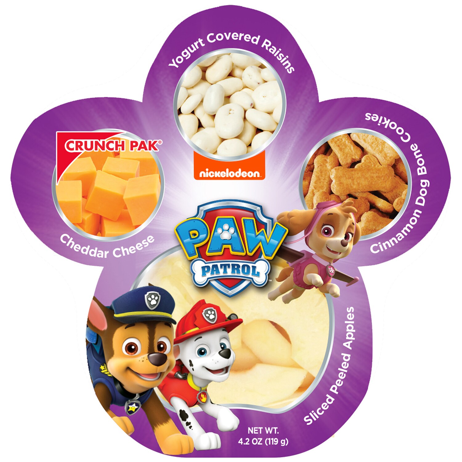 Crunch Pak Nickelodeon PAW Patrol, Sliced Peeled Apples, Cheddar Cheese, Yogurt Covered Raisins & Cinnamon Dog Bone Cookies
