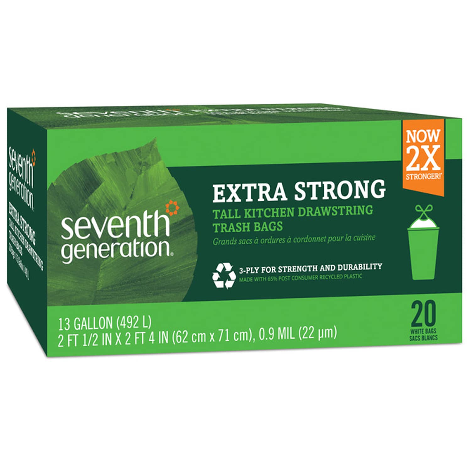 Seventh Generation Extra Strong Tall Kitchen Drawstring Trash Bags, 3-Ply, 13 Gallon