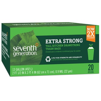 Seventh Generation Extra Strong Tall Kitchen Drawstring Trash Bags, 3-Ply, 13 Gallon