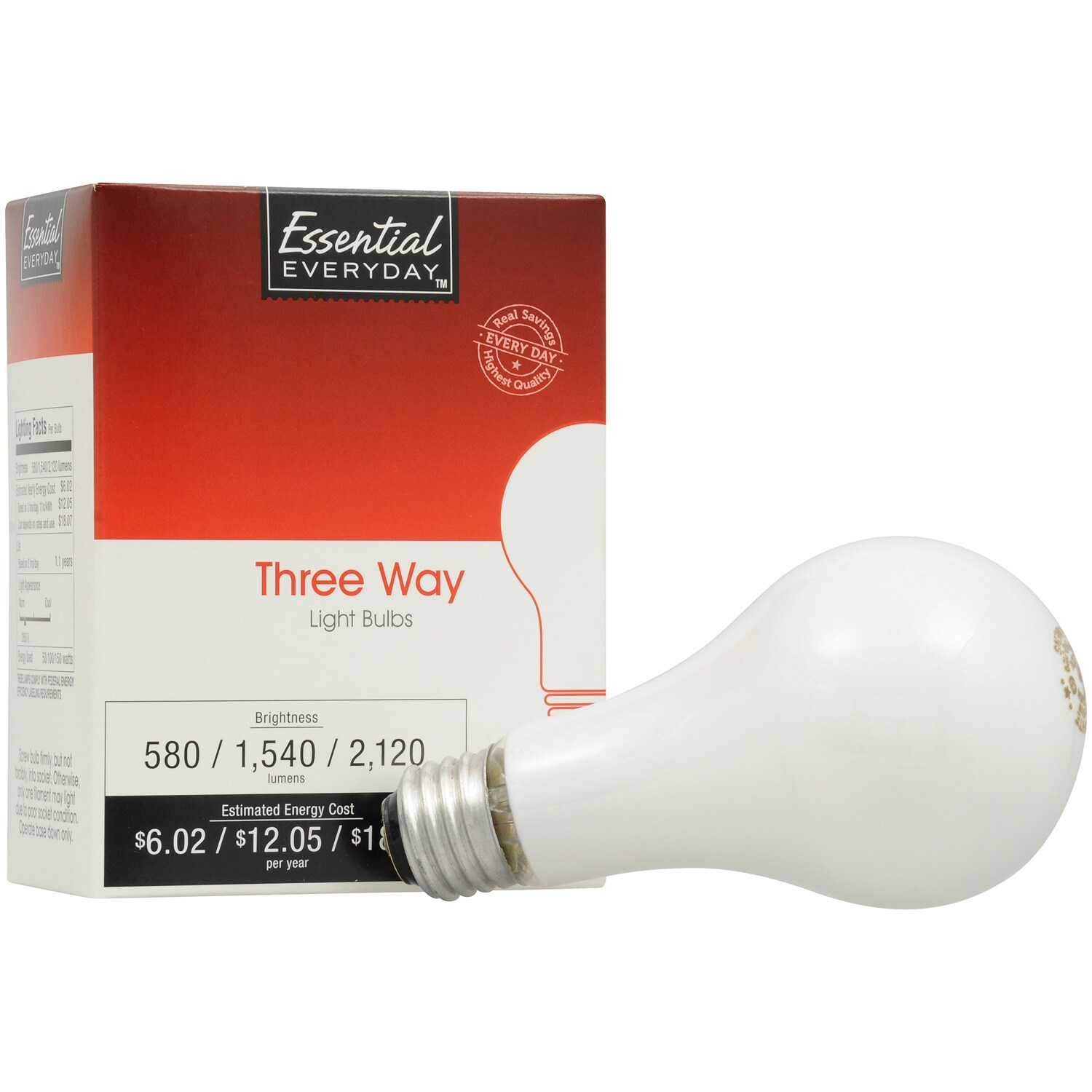 Essential Everyday 3-Way Single Life Light Bulbs, 50/100/150 Watts
