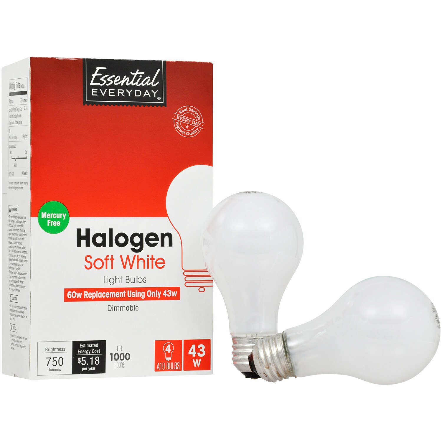 Essential Everyday Halogen Soft White Dimmable Light Bulbs, 43W (60W)