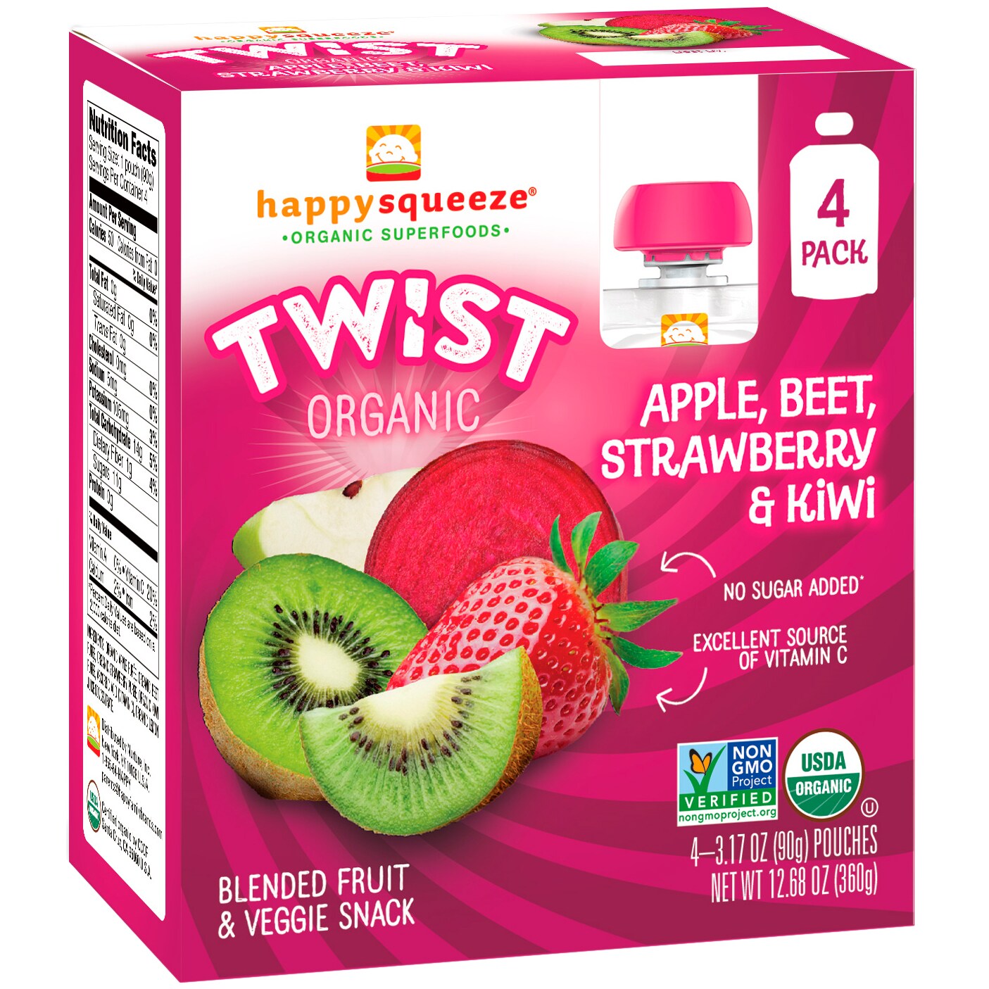 Happy Family Happy Squeeze Twist Organic Blended Fruit and Veggie Snack, Apple, Beet, Strawberry, and Kiwi
