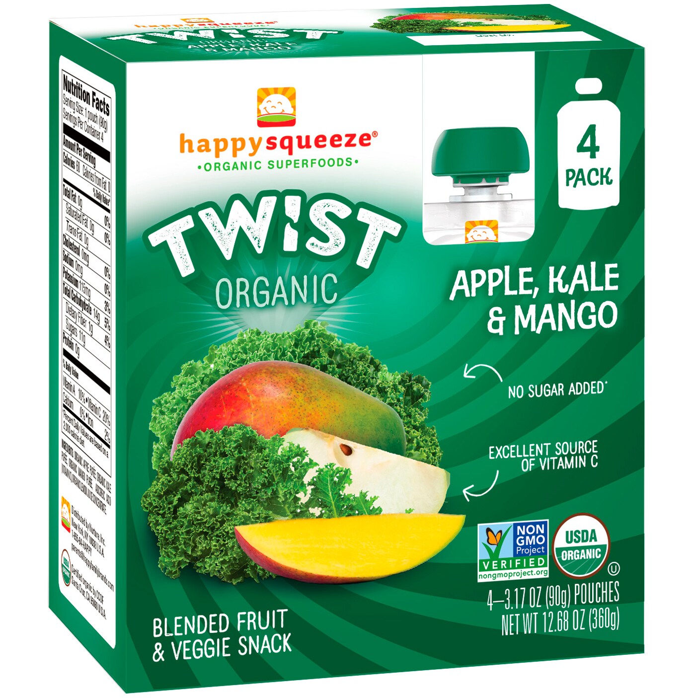 Happy Family Happy Squeeze Twist Organic Blended Fruit and Veggie Snack, Apple, Kale, and Mango
