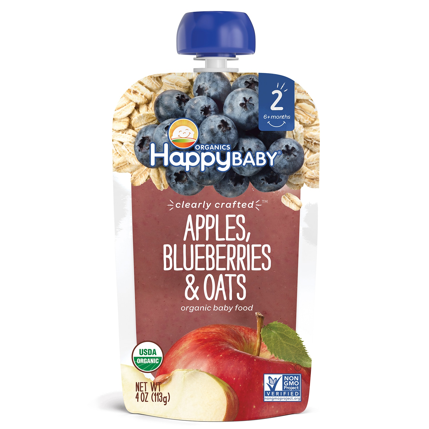 Happy Family Happy Baby Clearly Crafted Stage 2 Organic Baby Food, Apples, Blueberries, and Oats 