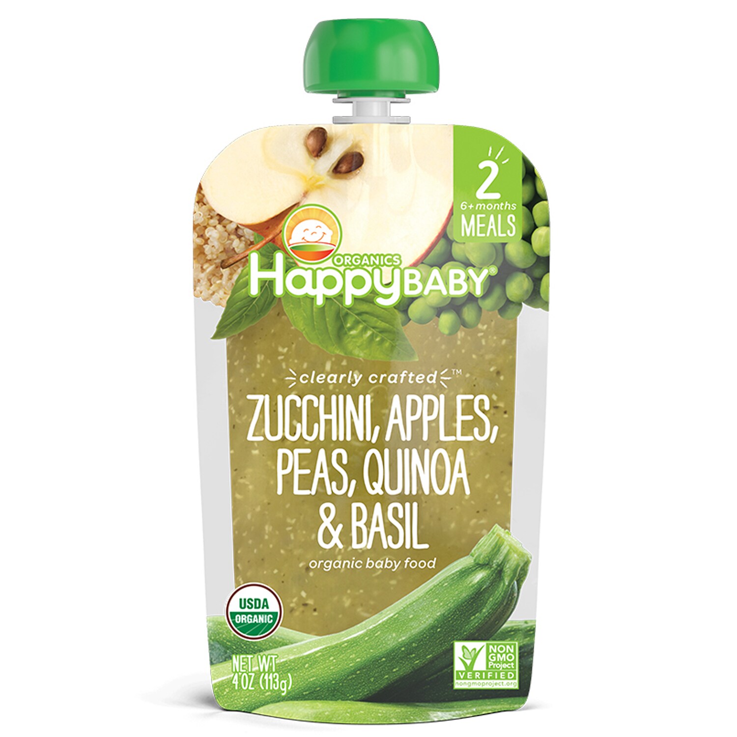 Happy Family Happy Baby Clearly Crafted Stage 2 Organic Baby Food, Zucchini, Apples, Peas, Quinoa & Basil