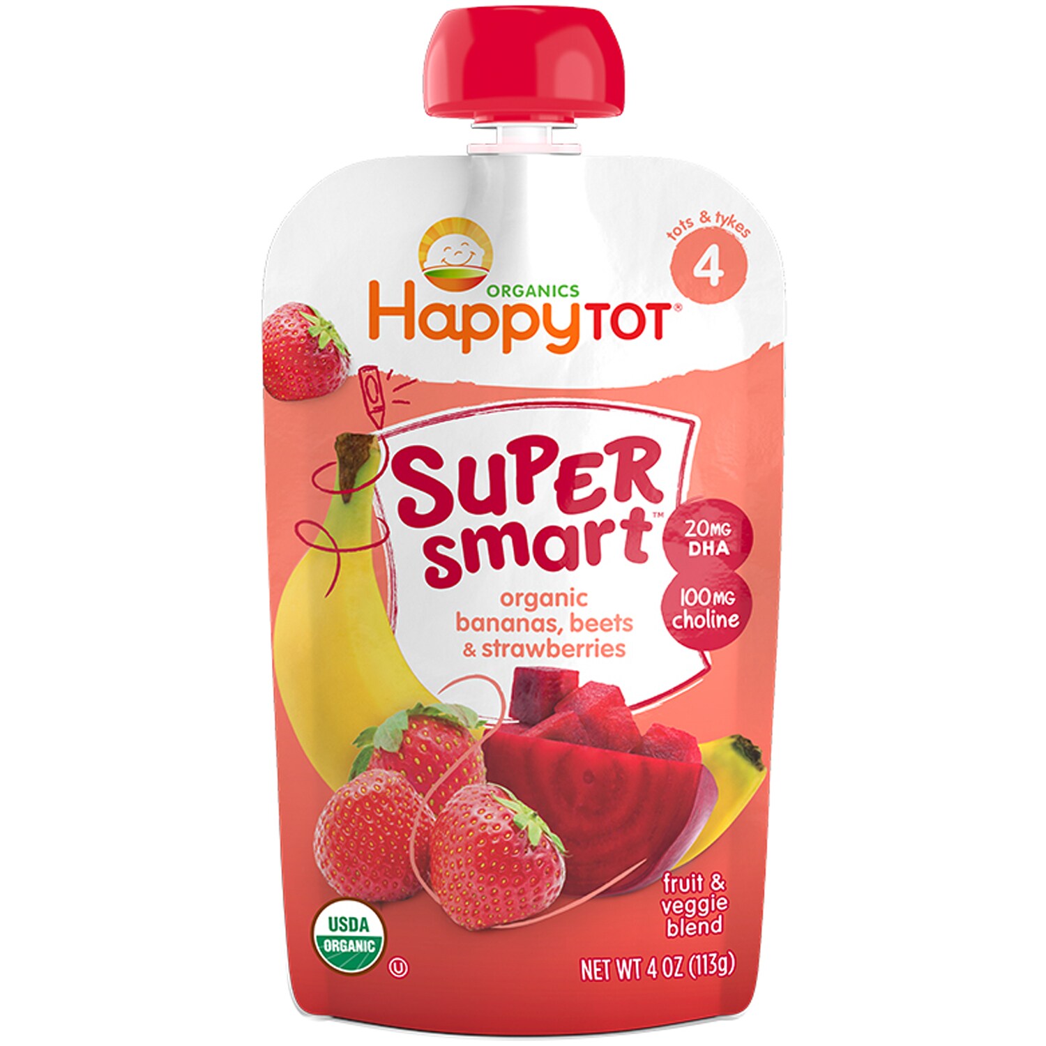 Happy Family Happy Tot Super Smart Organic Fruit & Veggie Blend, Bananas, Beets & Strawberries