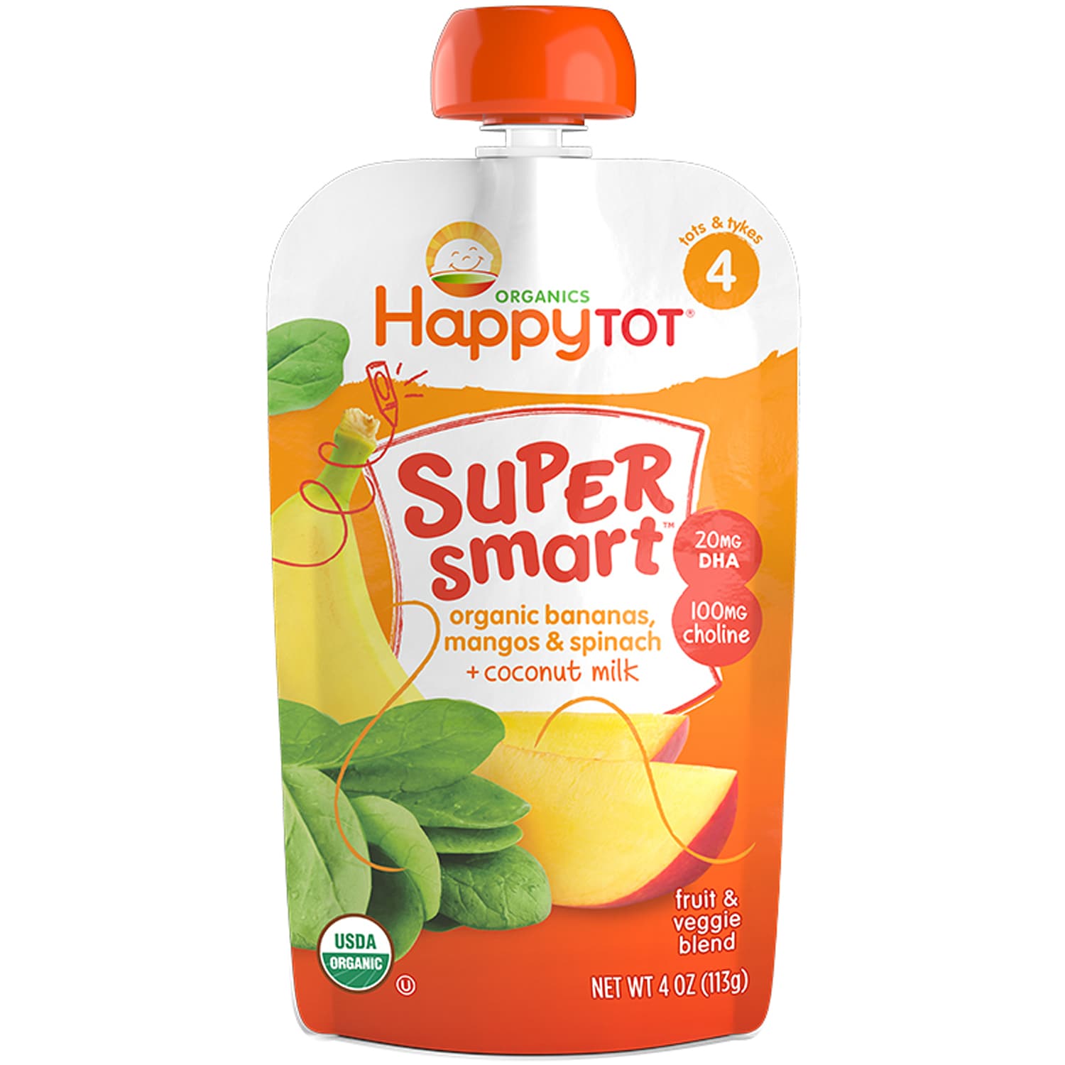Happy Family Happy Tot Super Smart Organic Fruit & Veggie Blend, Bananas, Mangos & Spinach + Coconut Milk