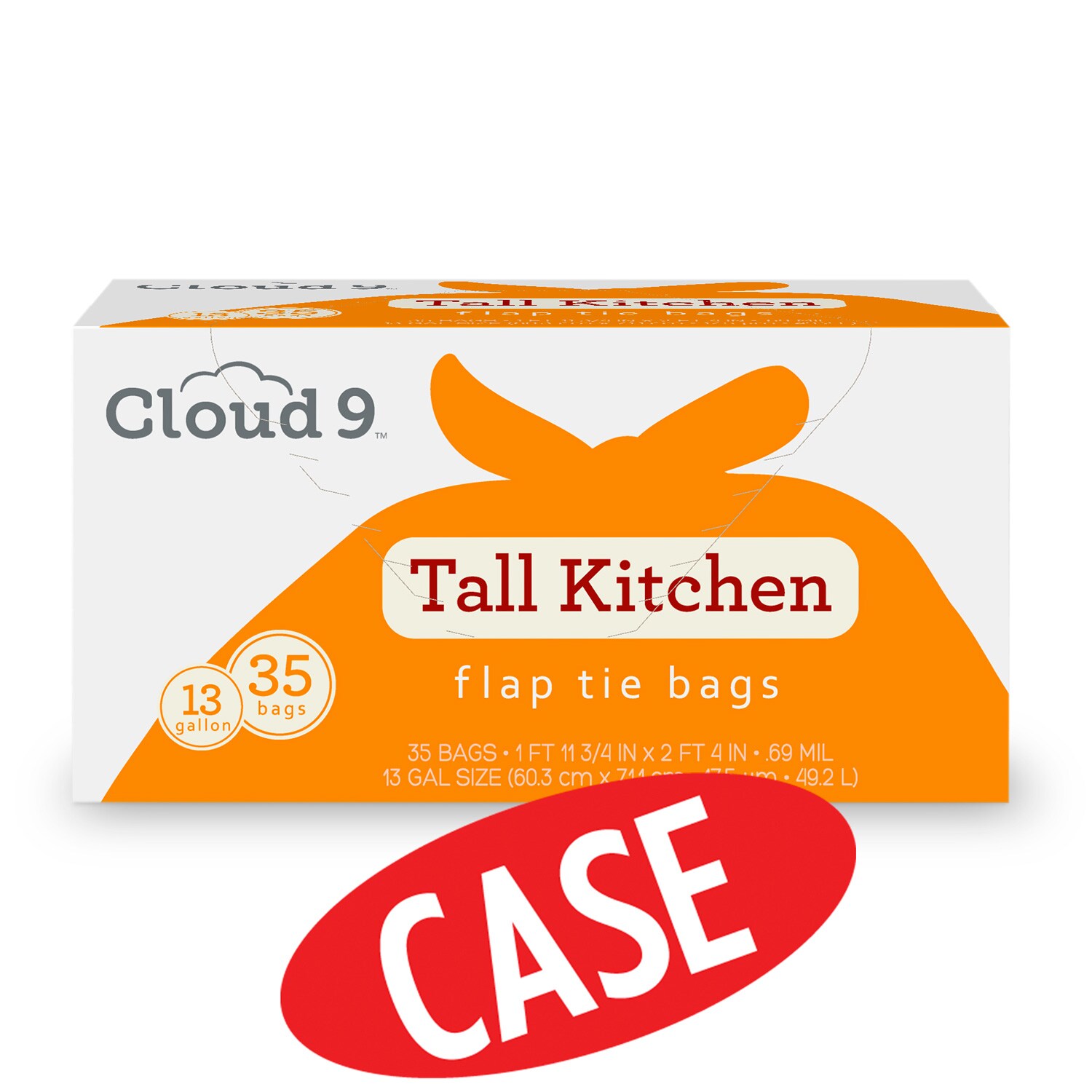 Cloud 9 Flap Tie Tall Kitchen Bags, 13 Gallon, Case