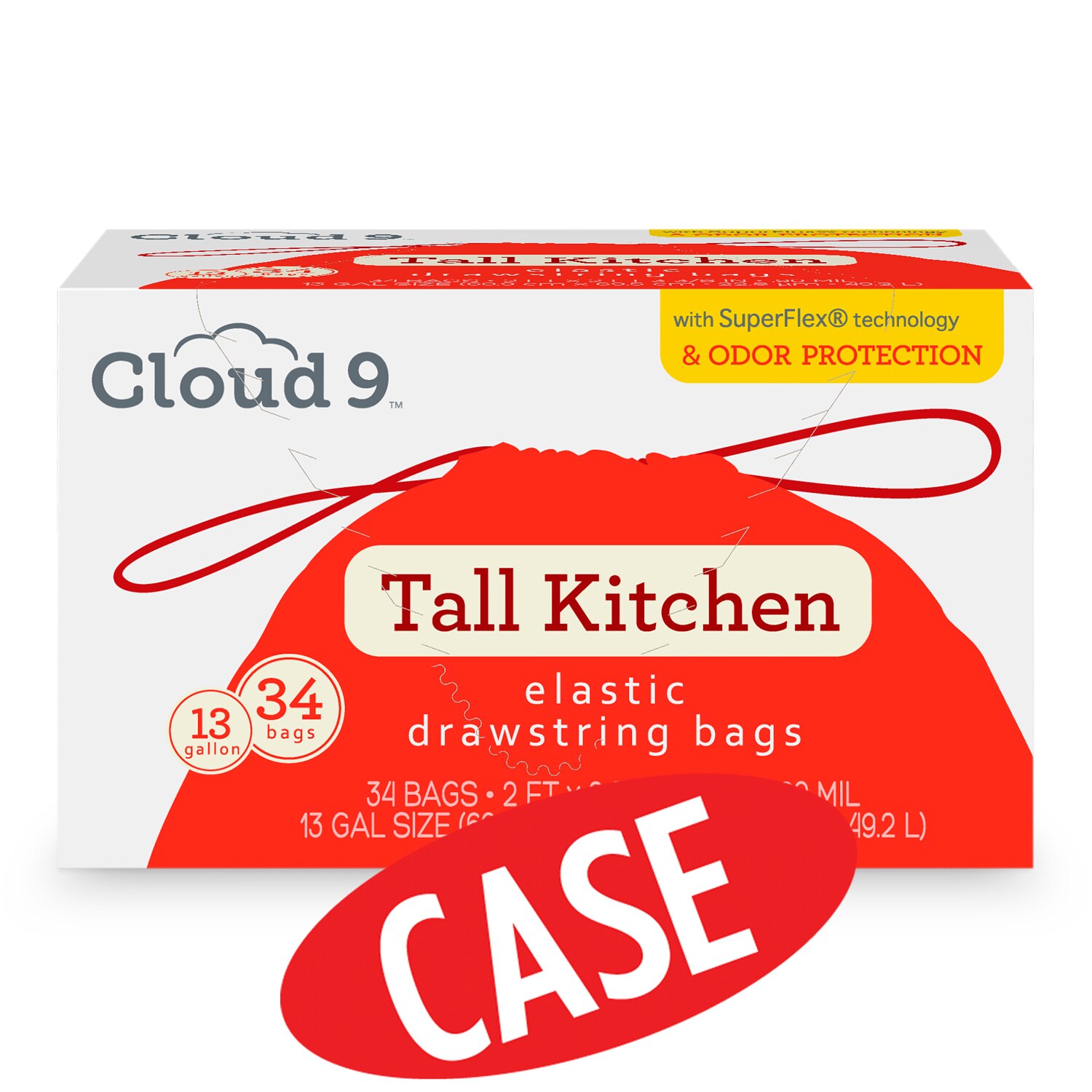 Cloud 9 Superflex Drawstring Tall Kitchen Bags with Odor Control, 13 Gallon, Case