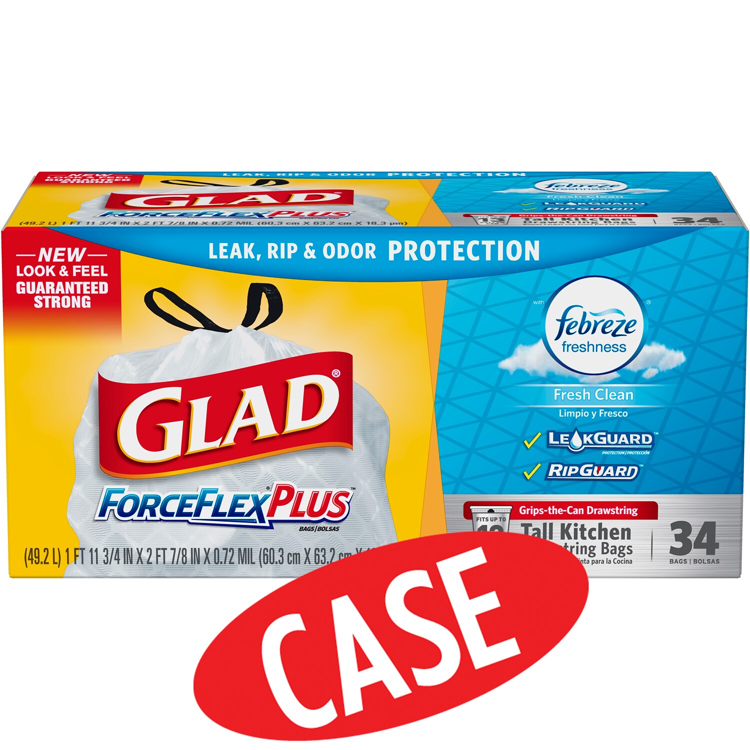 Glad ForceFlex Tall Kitchen Drawstring Trash Bags, Febreze Fresh Clean, 13 Gallon, Case