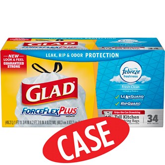 Glad ForceFlex Tall Kitchen Drawstring Trash Bags, Febreze Fresh Clean, 13 Gallon, Case