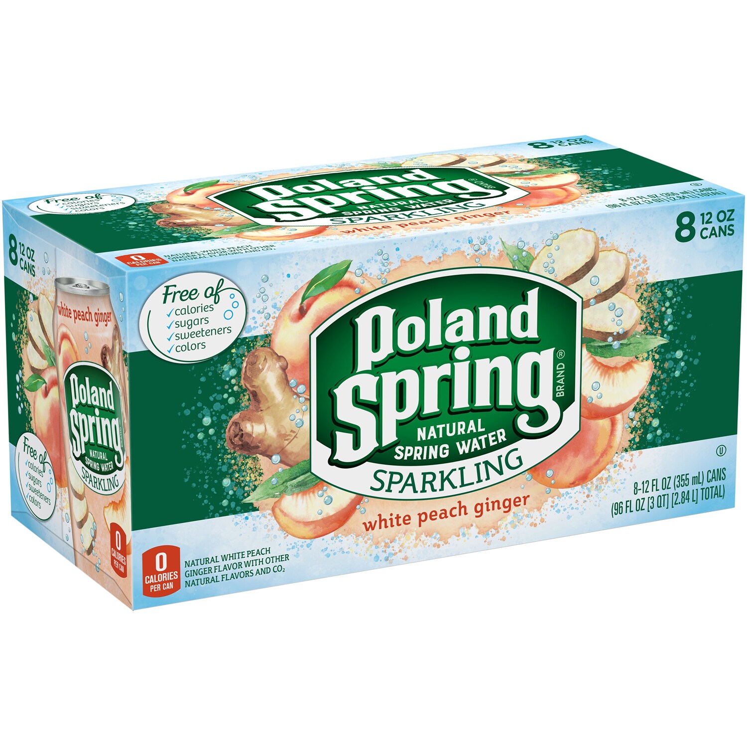 Poland Spring Sparkling Natural Spring Water, White Peach Ginger, Cans