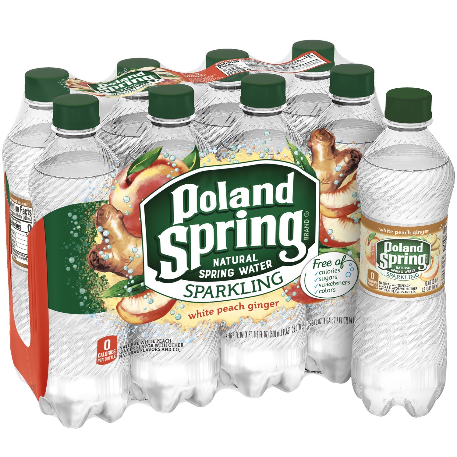 Poland Spring Sparkling Natural Spring Water, White Peach Ginger, Plastic Bottles