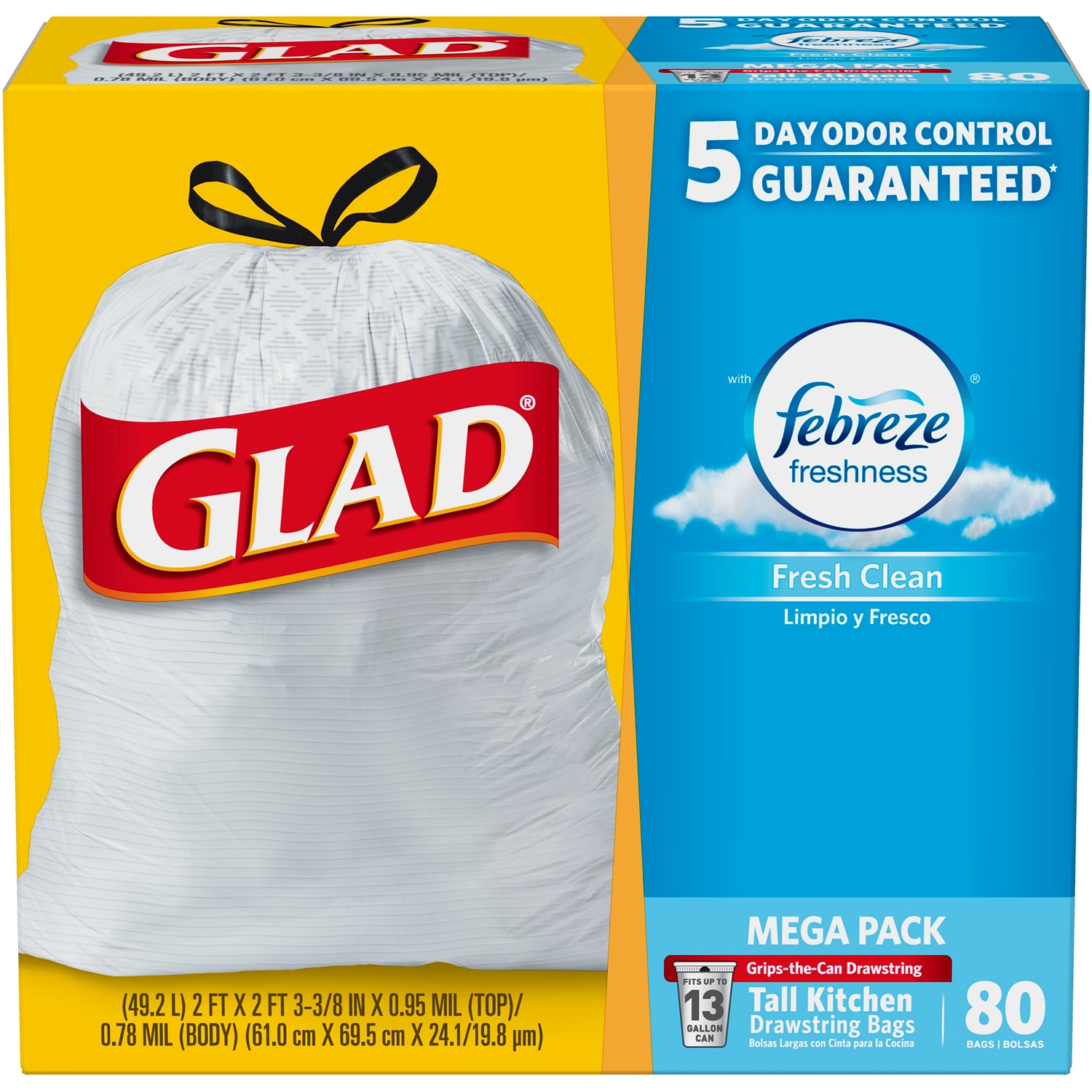 Glad OdorShield Tall Kitchen Drawstring Trash Bags, Febreze Fresh Clean, 13 Gallon
