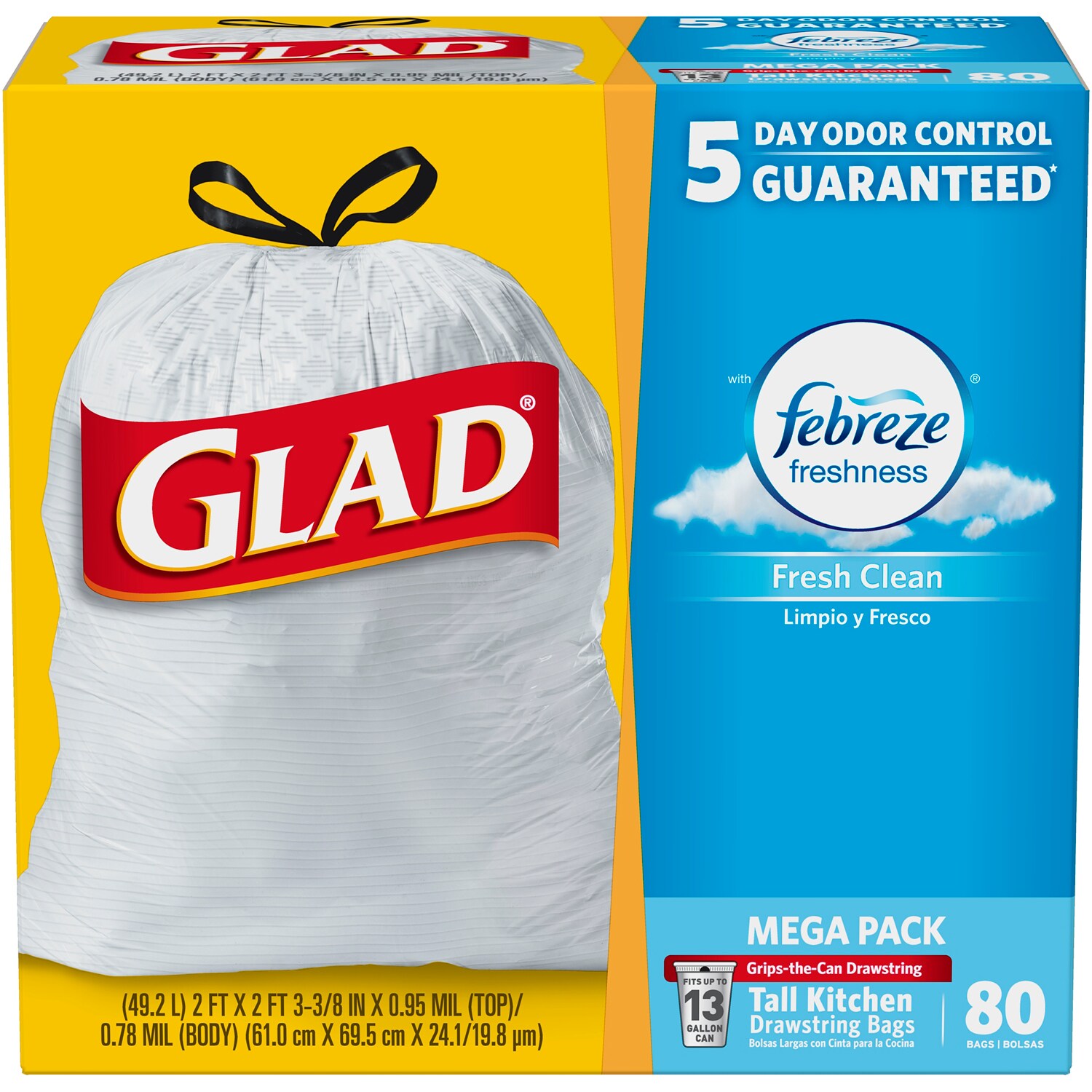 Glad OdorShield Tall Kitchen Drawstring Trash Bags, Febreze Fresh Clean, 13 Gallon