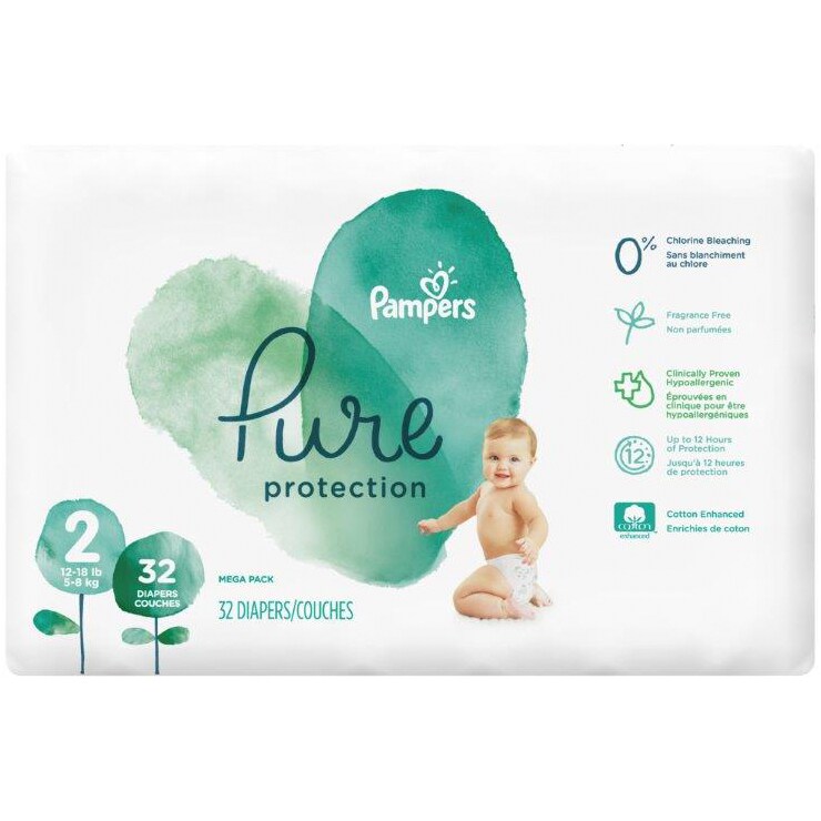 Pampers Pure Protection Diapers, Size 2, 12-18lb