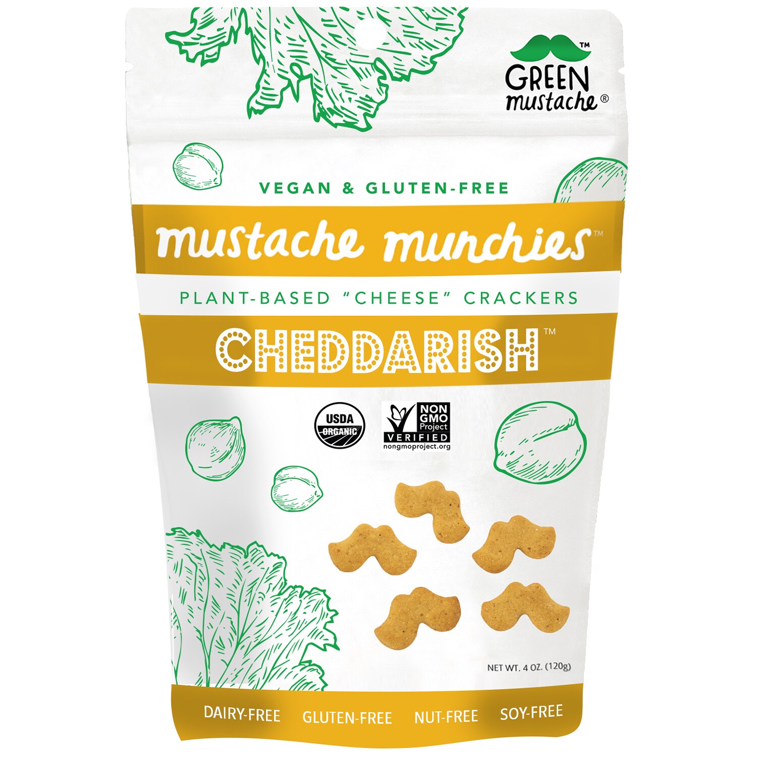 Green Mustache Mustache Munchies Plant-Based "Cheese" Crackers, Cheddarish