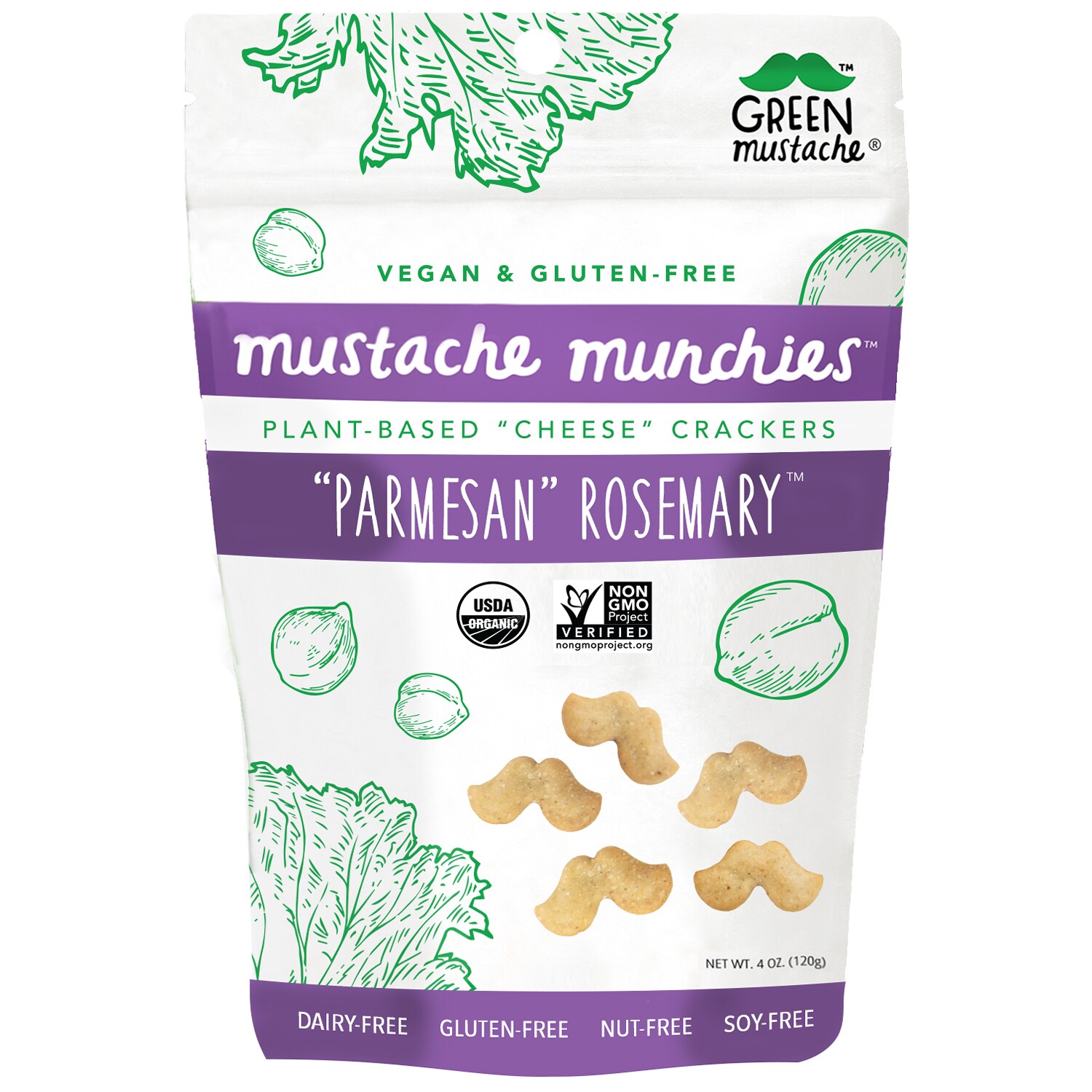 Green Mustache Mustache Munchies Plant-Based "Cheese" Crackers, "Parmesan" Rosemary