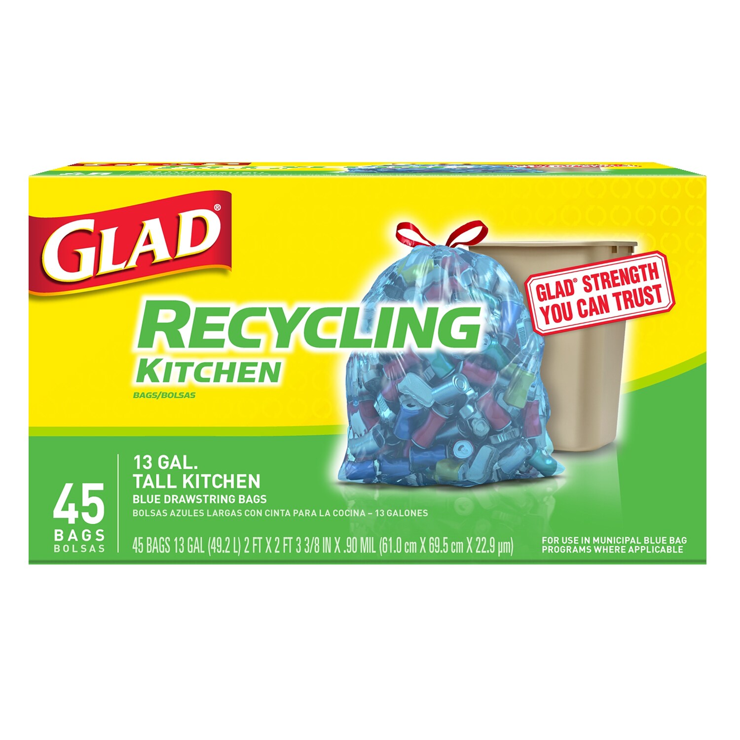 Glad Recycling Tall Drawstring Blue Trash Bags, 13 Gallon