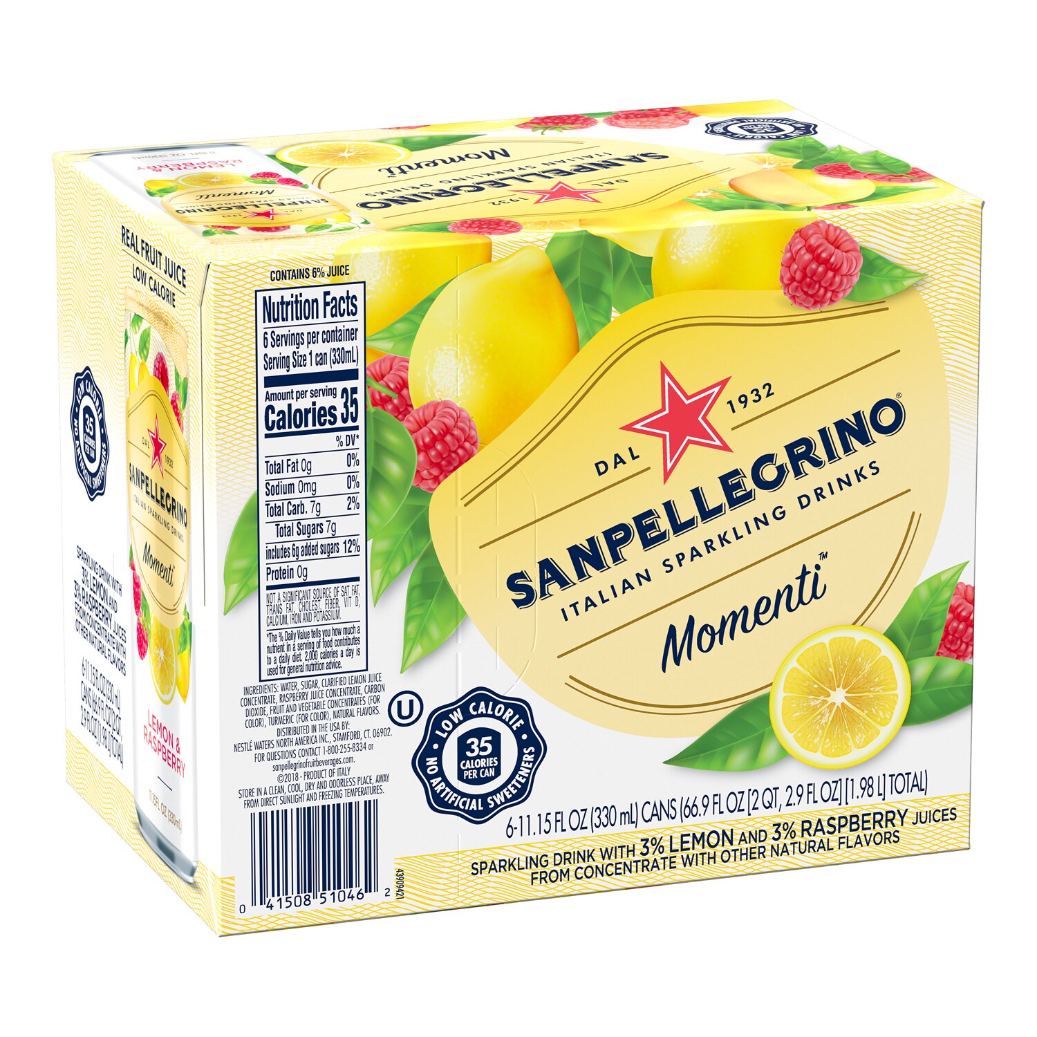 San Pellegrino Momenti Italian Sparkling Drink, Limone & Lampone (Lemon & Red Raspberry), Cans