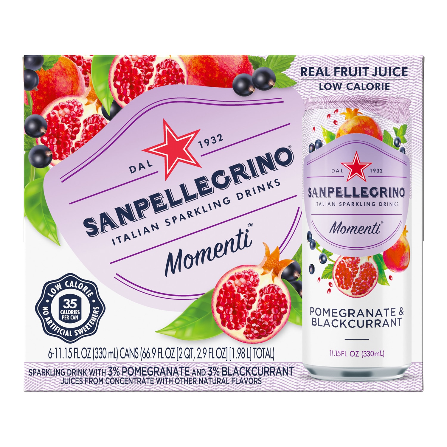 San Pellegrino Momenti Italian Sparkling Drink, Melograno & Ribes (Pomegranate & Blackcurrant), Cans