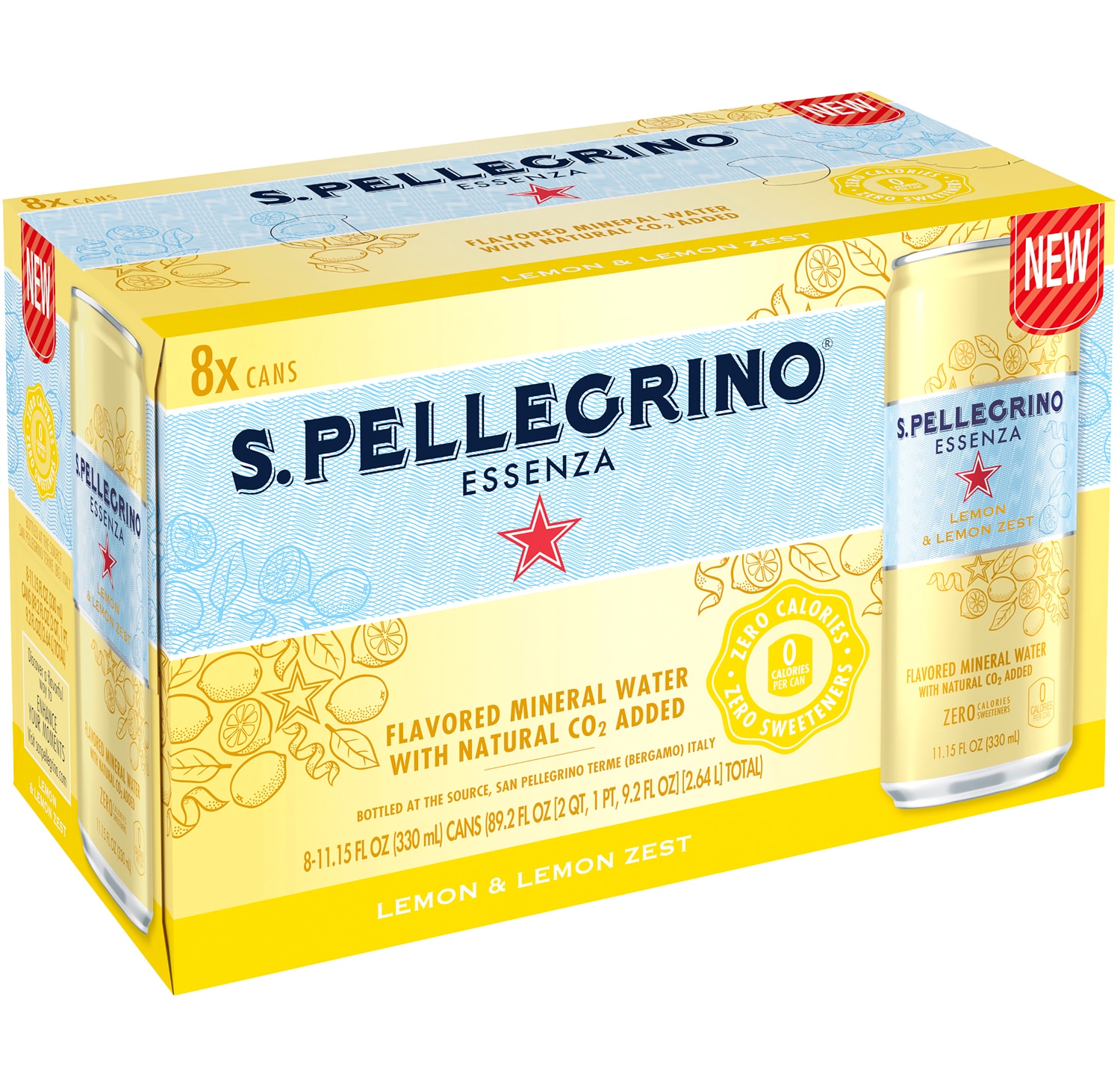 San Pellegrino Essenza Flavored Mineral Water, Lemon & Lemon Zest, Cans