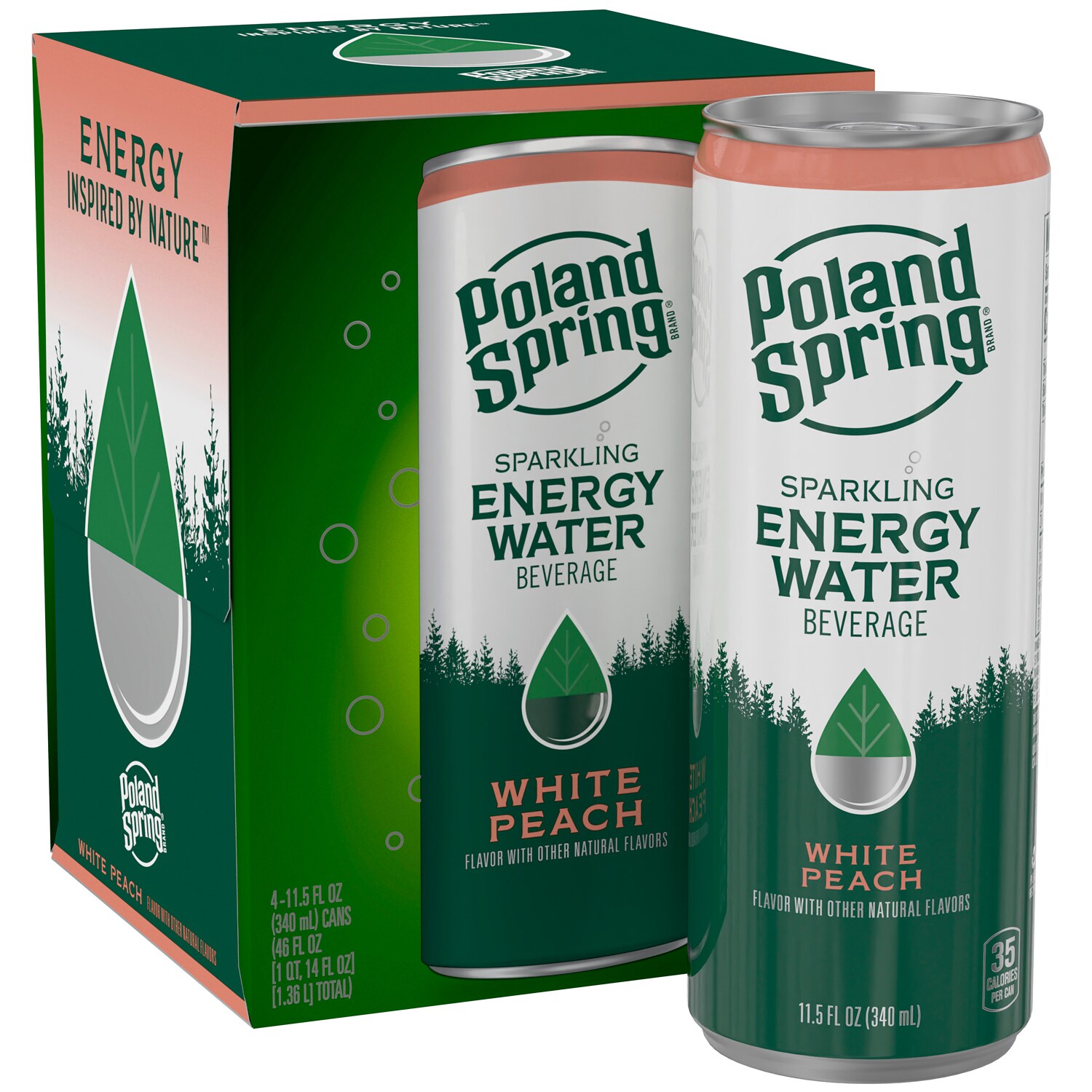 Poland Spring Sparkling Energy Water, White Peach, Cans