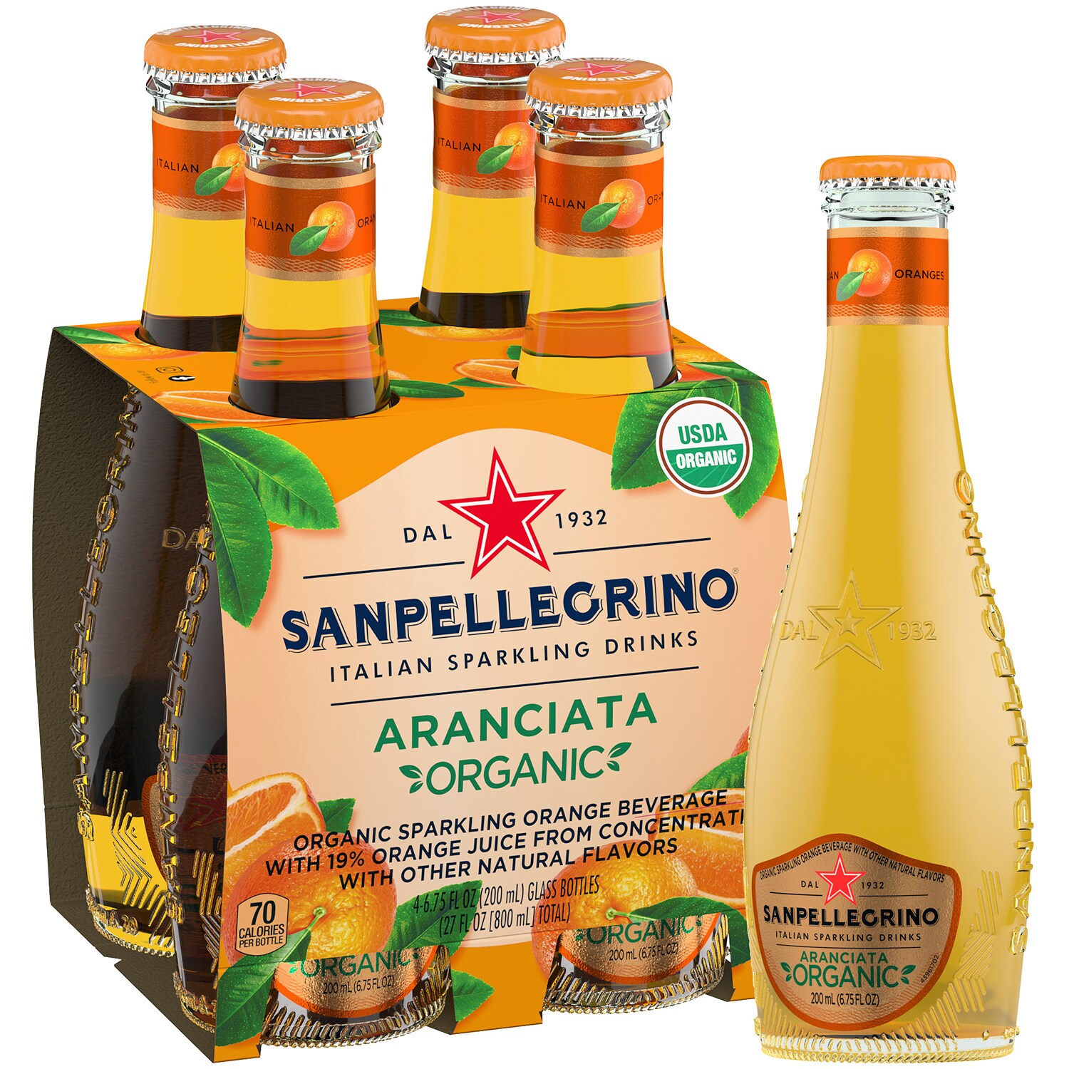San Pellegrino Organic Sparkling Fruit Beverage, Aranciata (Orange), Glass Bottles