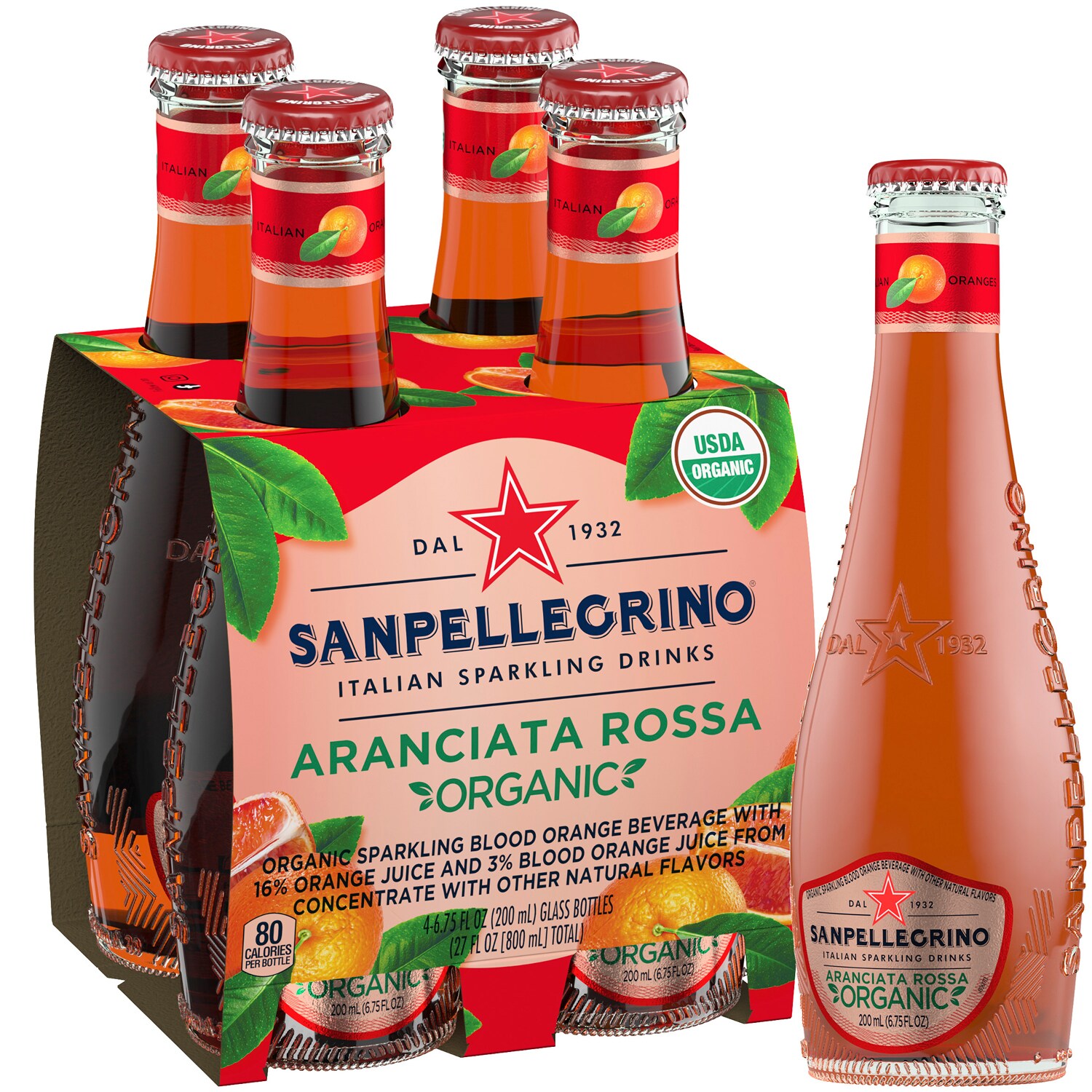 San Pellegrino Organic Sparkling Fruit Beverage, Aranciata Rossa (Blood Orange), Glass Bottles