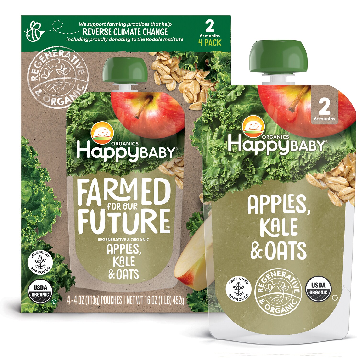 Happy Family Happy Baby Stage 2 Regenerative & Organic Baby Food, Apples, Kale & Oats