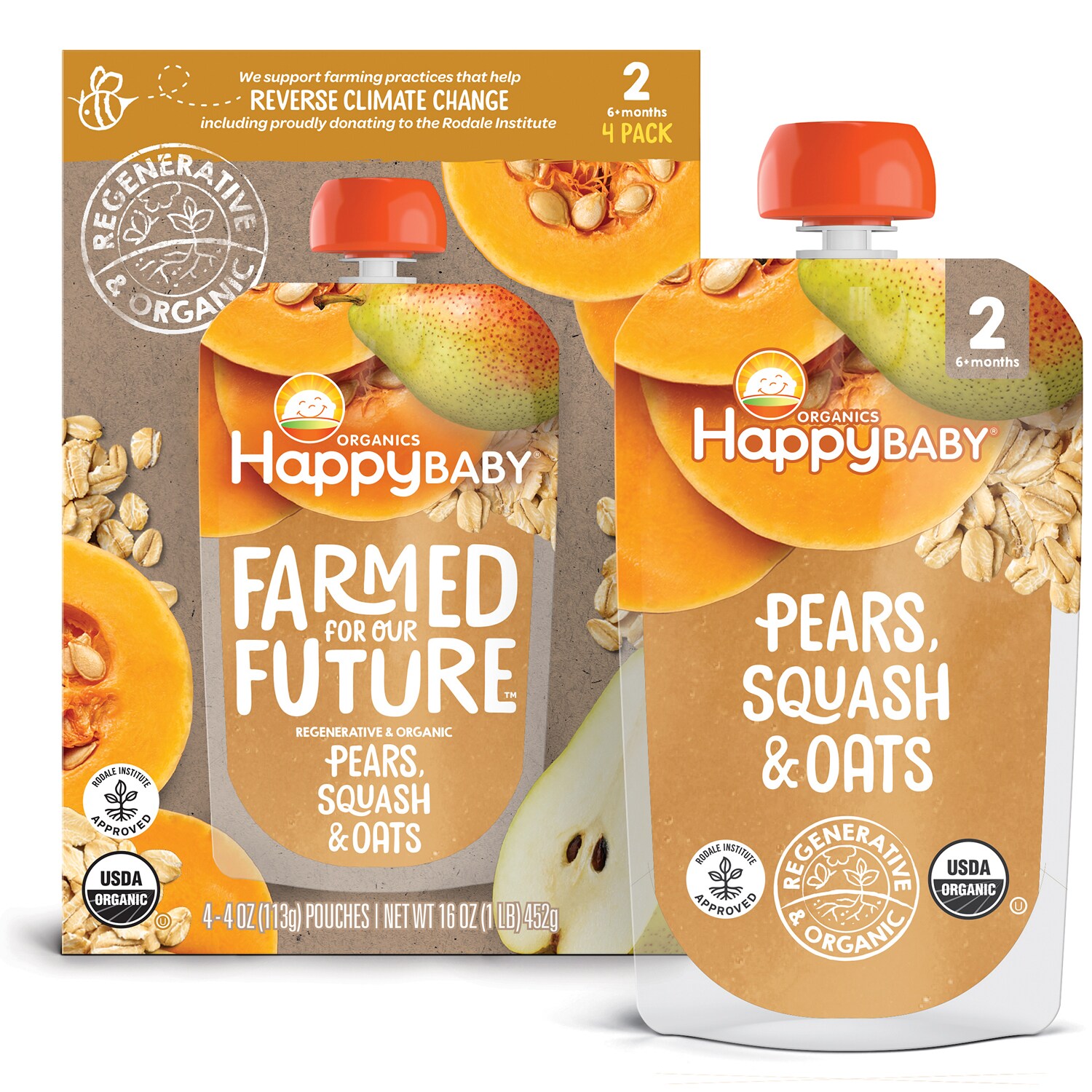 Happy Family Happy Baby Stage 2 Regenerative & Organic Baby Food, Pears, Squash & Oats