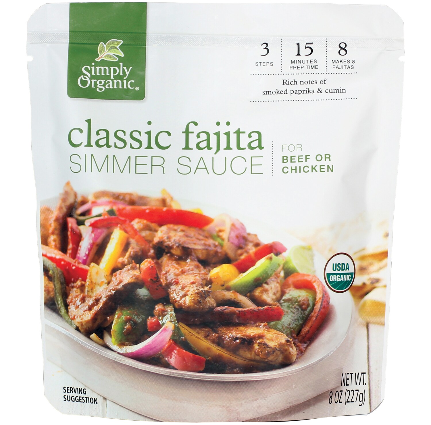 Simply Organic Simmer Sauce for Beef or Chicken, Classic Fajita