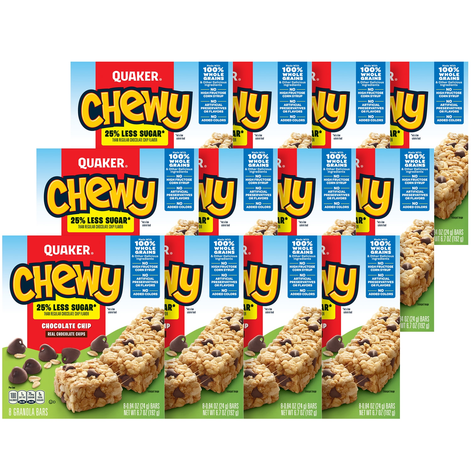 Quaker 25% Less Sugar Chewy Granola Bars, Chocolate Chip, Case