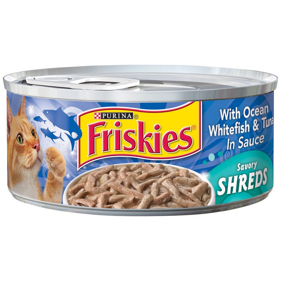 Purina Friskies Wet Cat Food, Savory Shreds with Ocean Whitefish and Tuna in Sauce