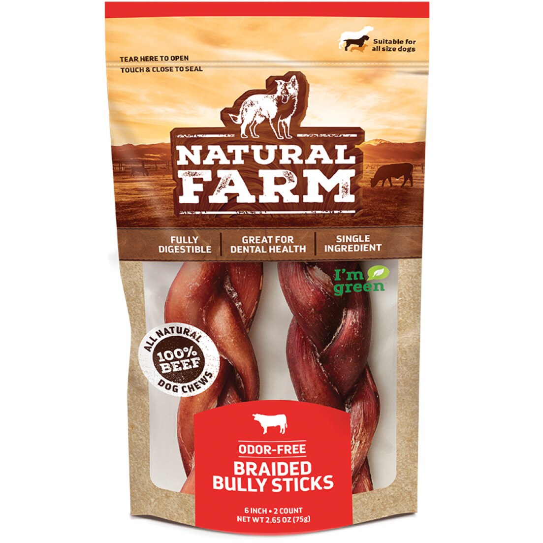 Natural Farm Odor-Free Braided Bully Dog Sticks 