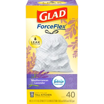 Glad ForceFlex Tall Kitchen Drawstring Trash Bags Gain Lavender with Febreze Freshness, 13 Gallon