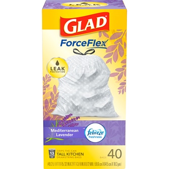 Glad ForceFlex Tall Kitchen Drawstring Trash Bags Gain Lavender with Febreze Freshness, 13 Gallon