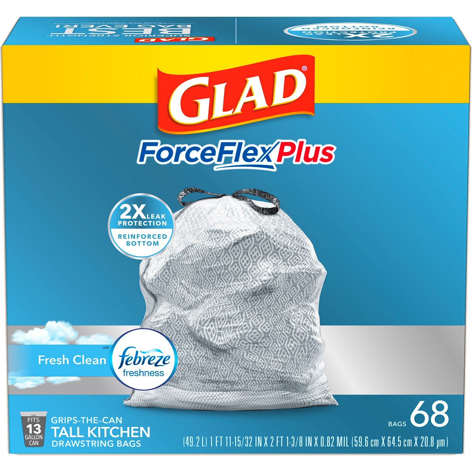 Glad ForceFlex Plus Tall Kitchen Drawstring Trash Bags, Fresh Clean Odor Shield, 13 Gallon