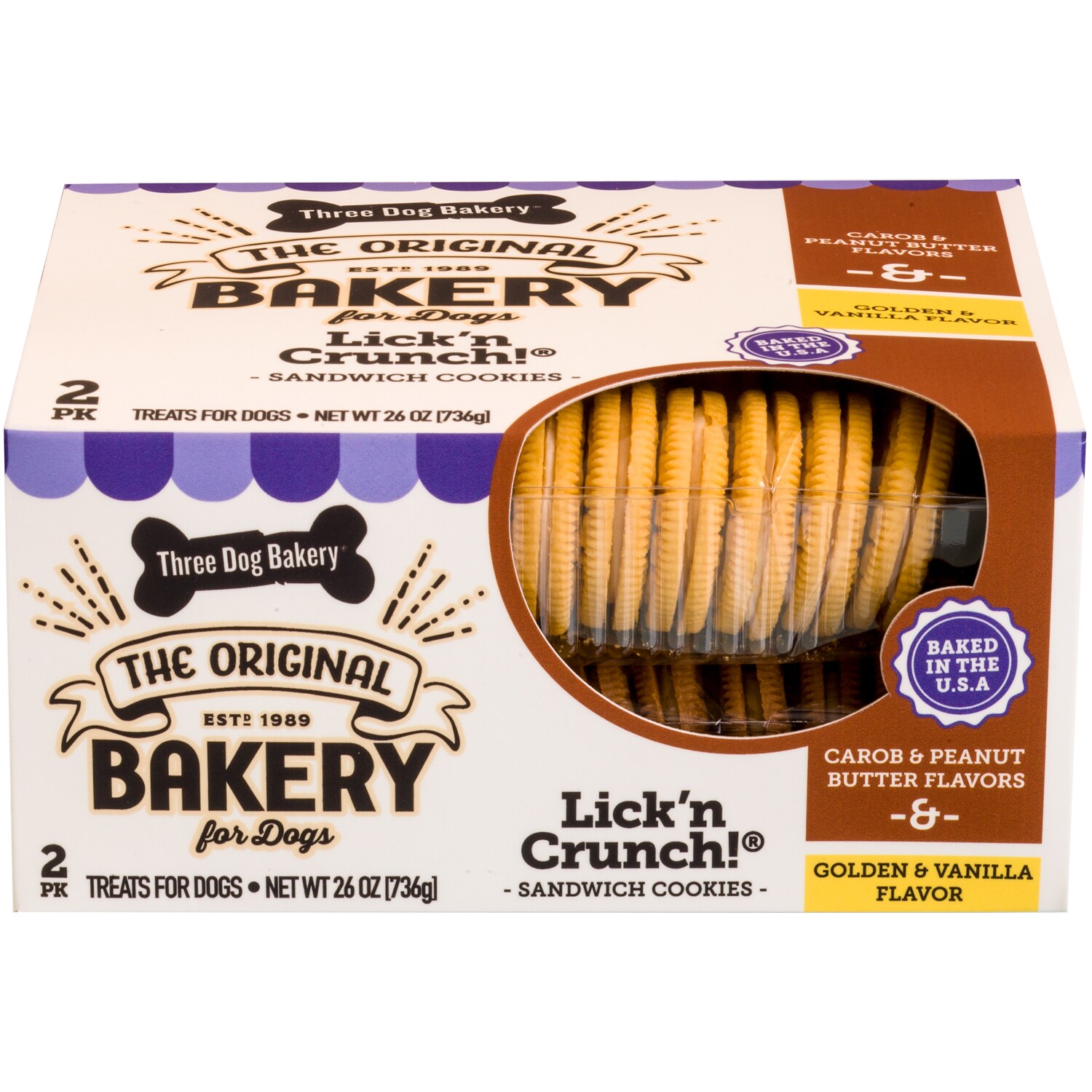 Three Dog Bakery Lick'n Crunch Sandwich Cookies, Carob & Peanut Butter and Golden & Vanilla