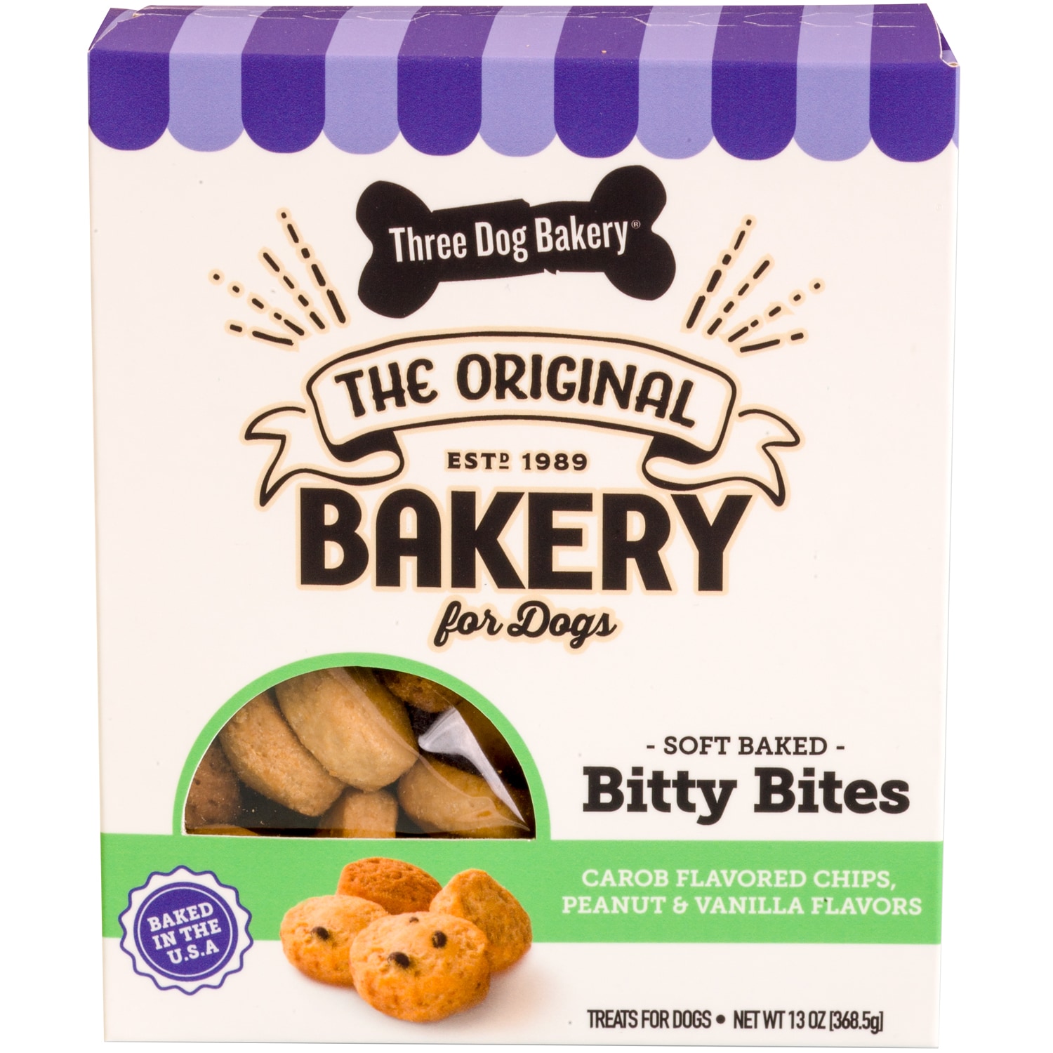 Three Dog Bakery Soft Baked Bitty Bites, Peanut, Vanilla & Carob Chip