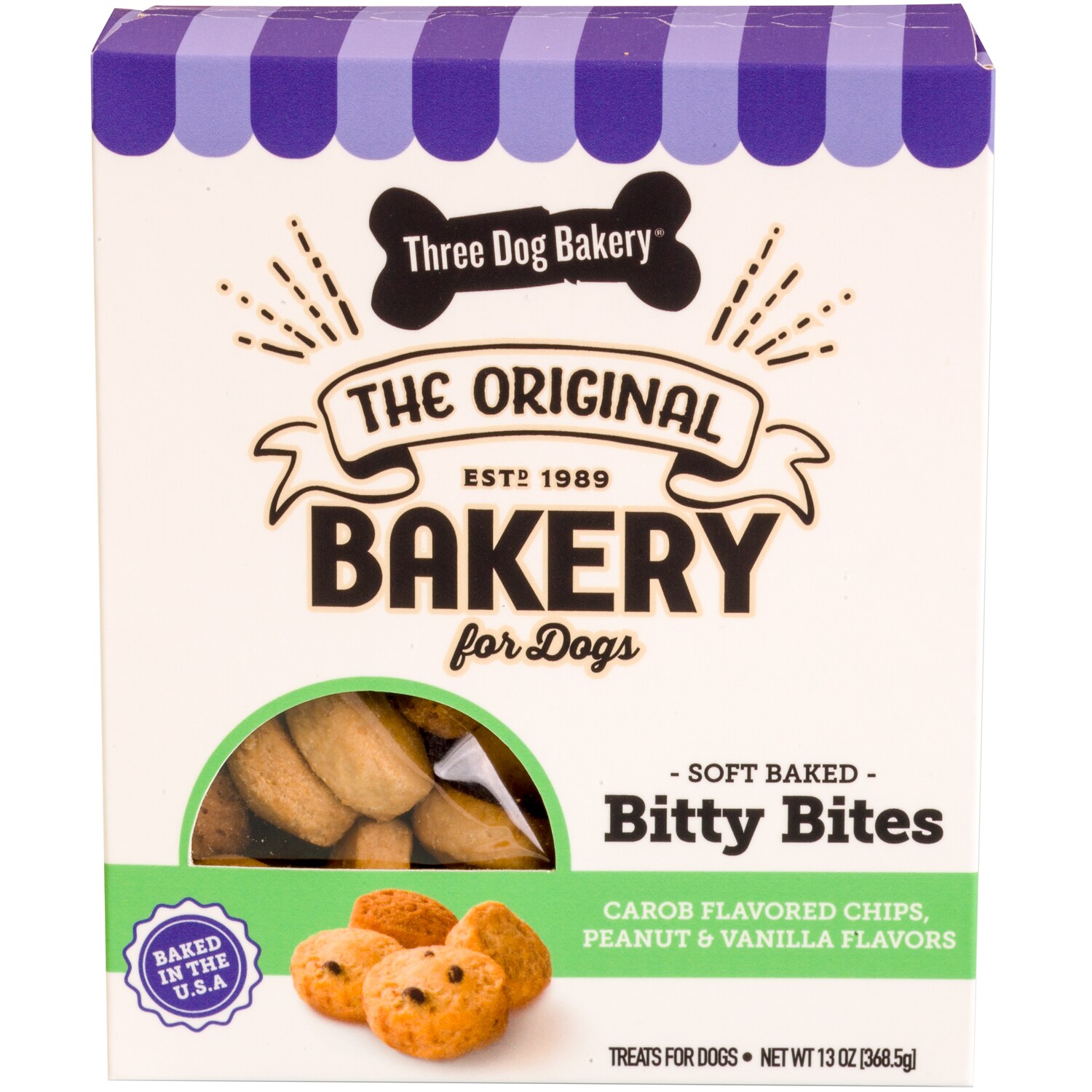 Three Dog Bakery Soft Baked Bitty Bites, Peanut, Vanilla & Carob Chip