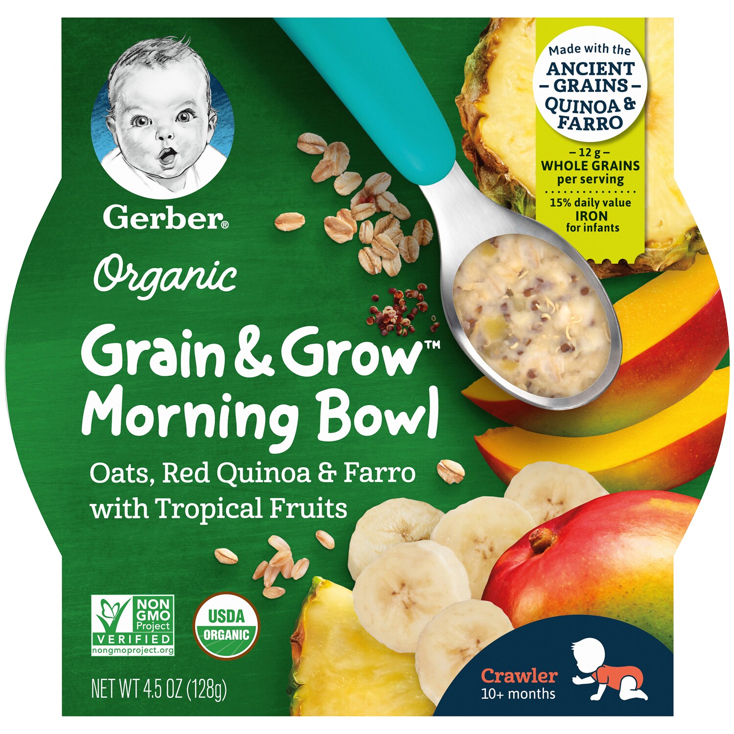 Gerber Organic Grain & Grow Morning Bowl, Oats, Red Quinoa & Farro with Tropical Fruits