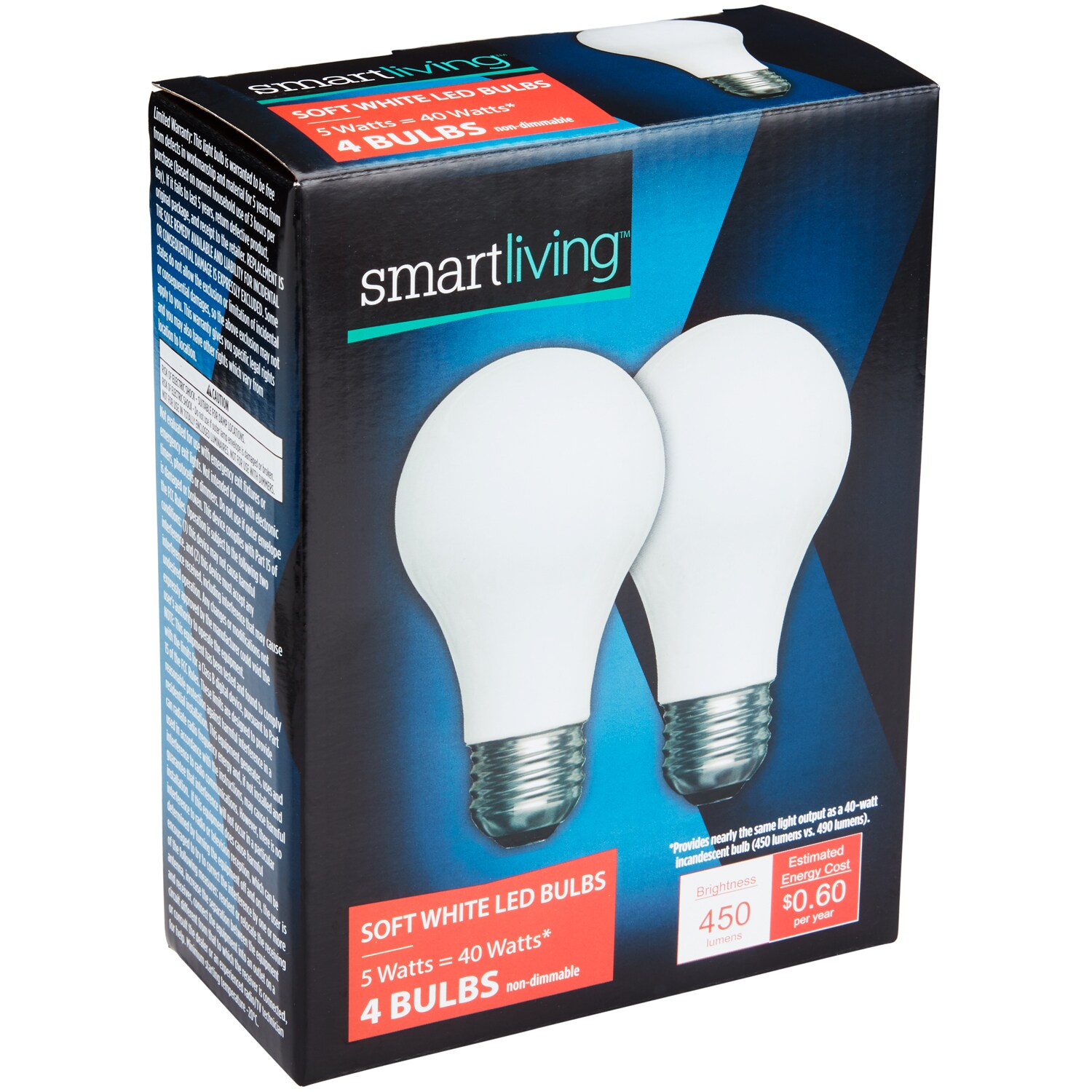 Smart Living Soft White LED Light Bulbs, 40W/5W
