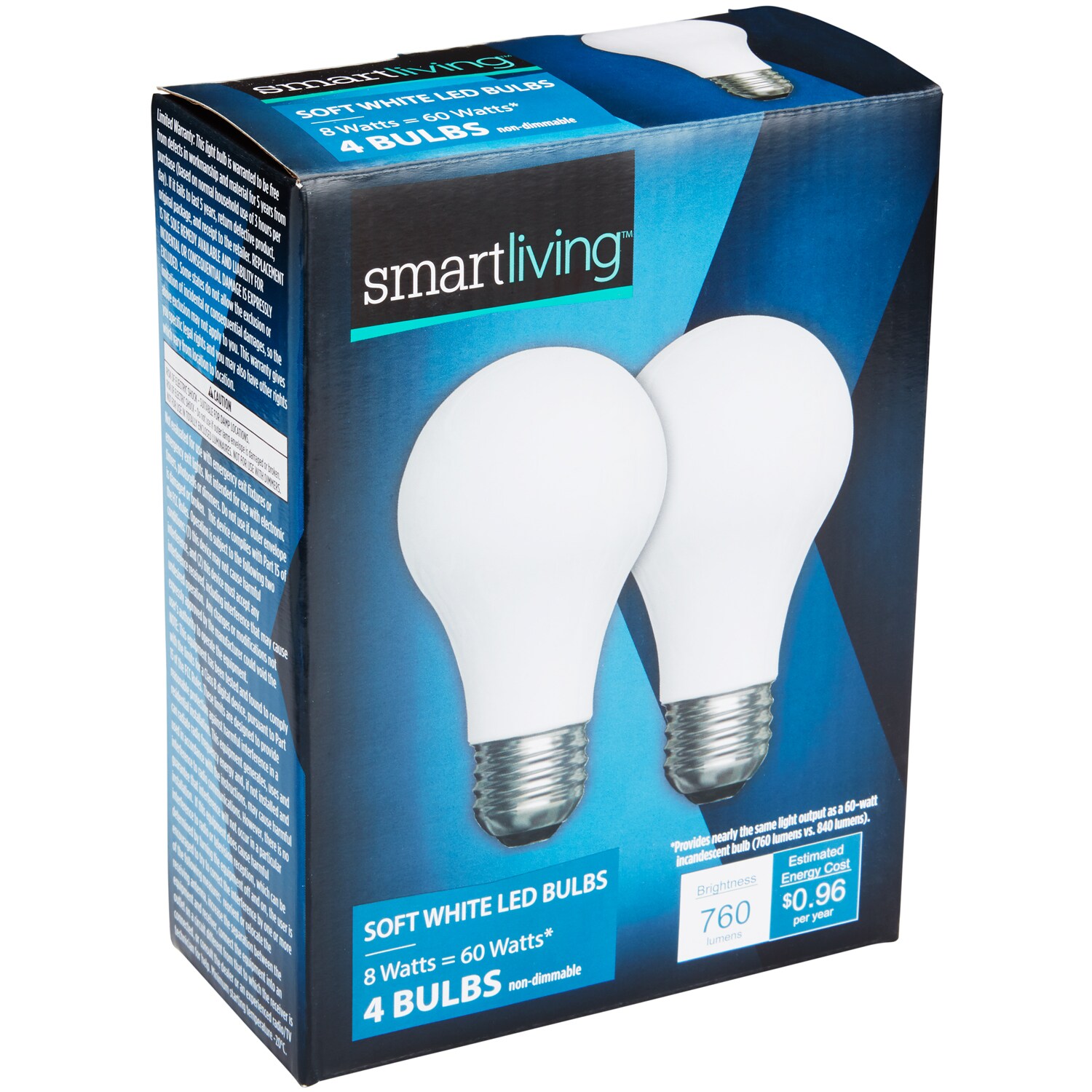 Smart Living Soft White LED Light Bulbs, 60W/8W